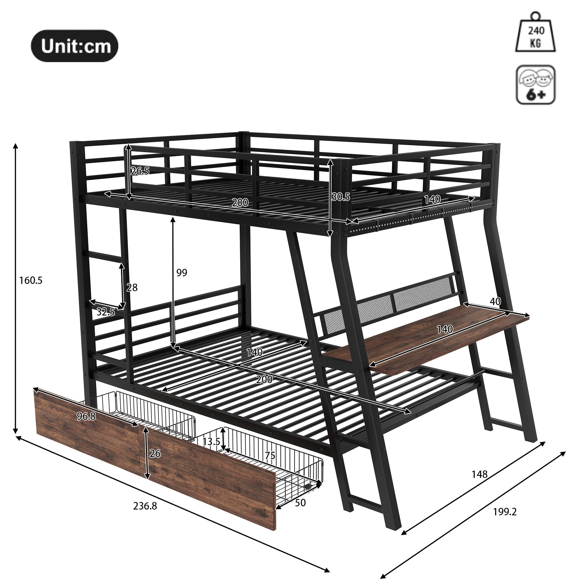 Loft Bed with Desk, LED Strip and Storage Drawers, Black Iron Frame