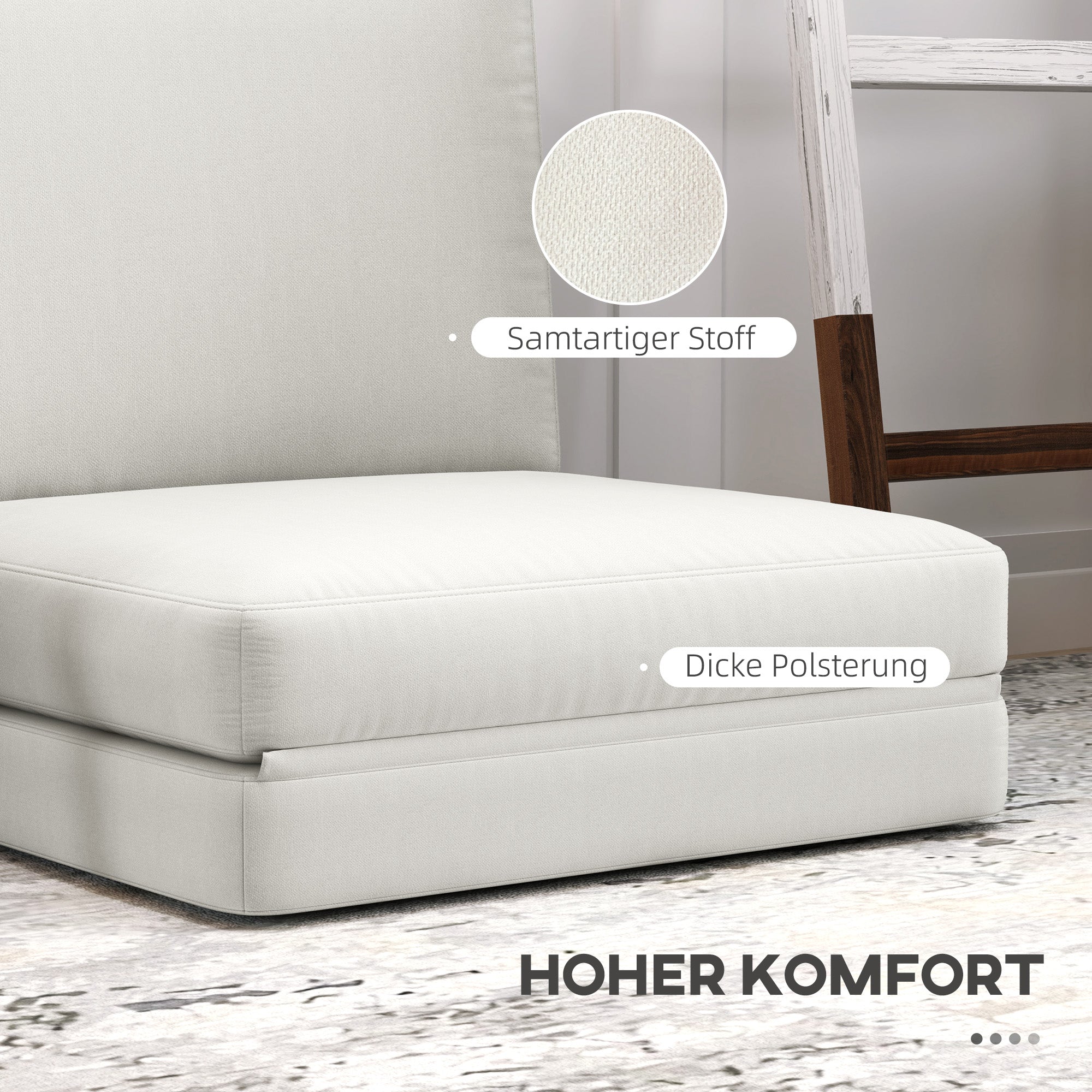 Klappbares Samt-Schlafsofa, 3-in-1, Stauraum, Cremeweiß