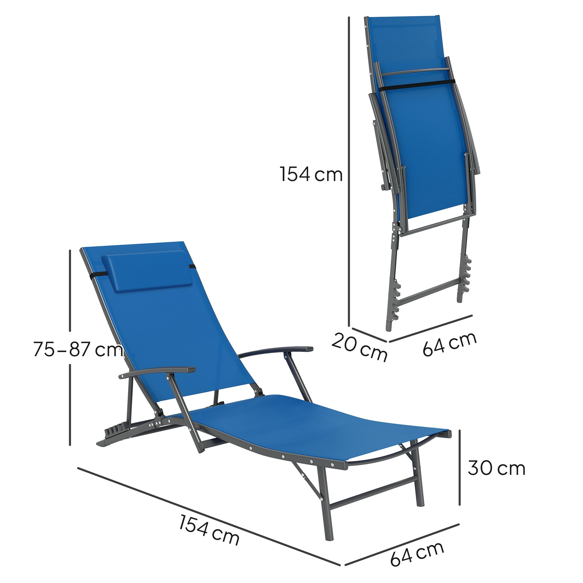 Set of Two Sun Loungers, Adjustable Back, Blue