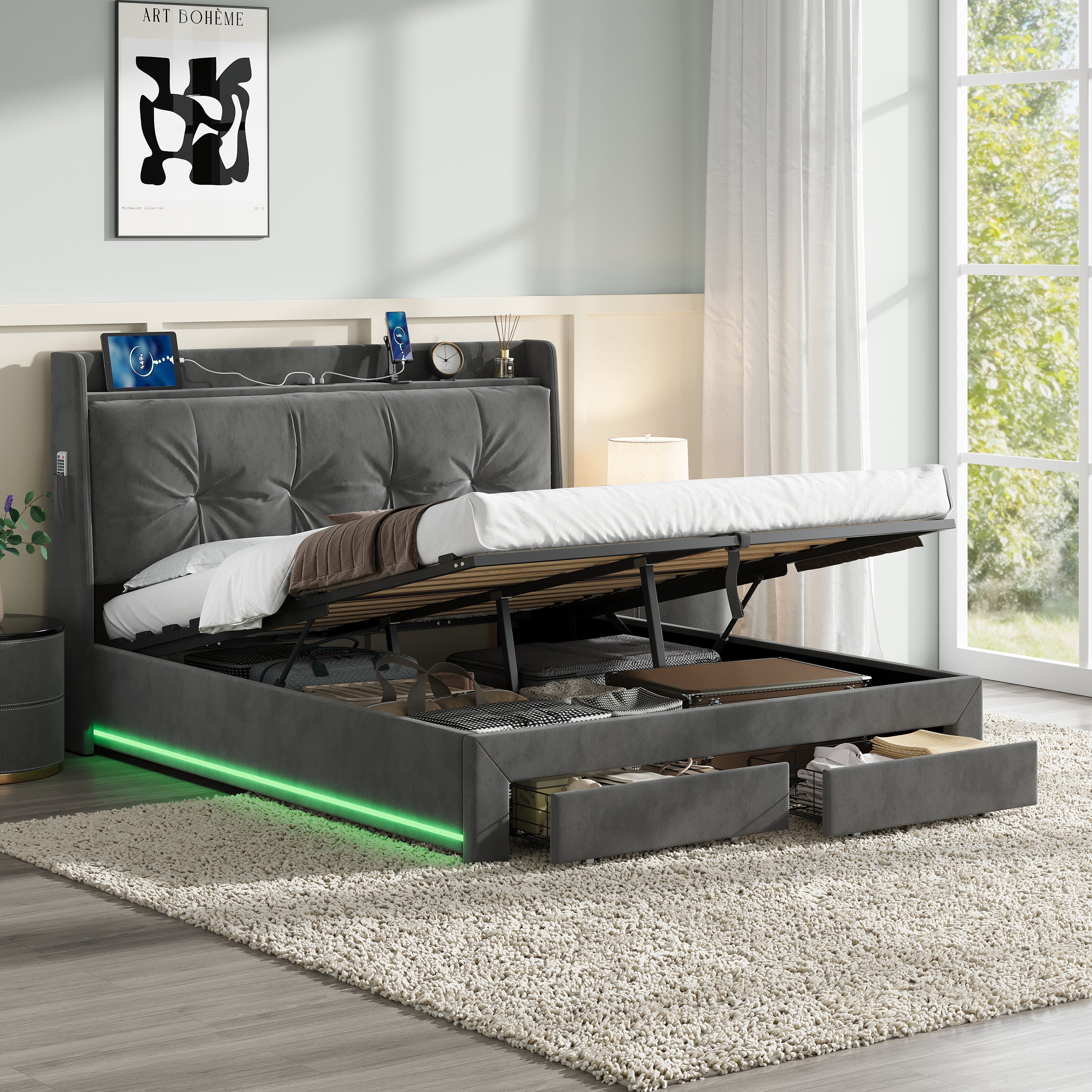 Double Upholstered Bed Frame with Hydraulic Storage, Charging Station, and RGB LED Lighting, Grey Velvet
