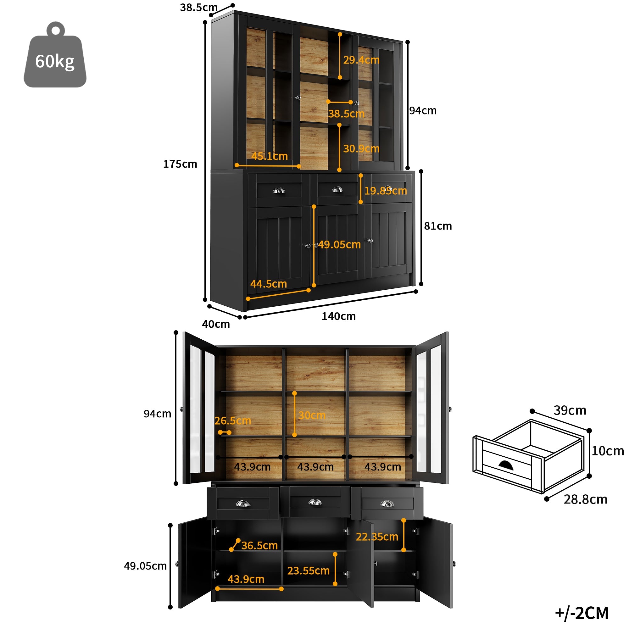 Minimalist Tall Display Cabinet with Drawers and Storage, Black