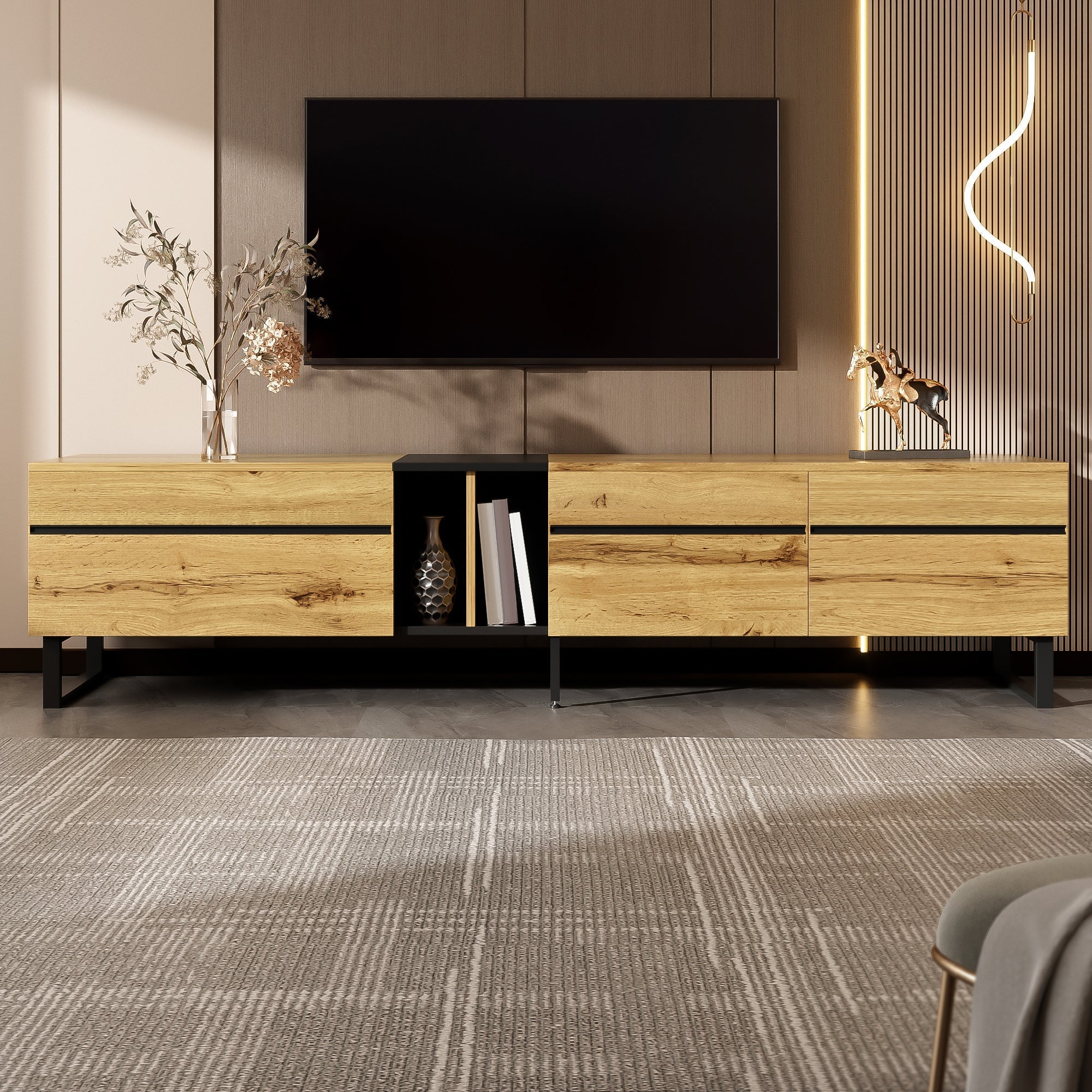 Modern TV Lowboard 180cm Drop-Down Open Shelves Double Doors