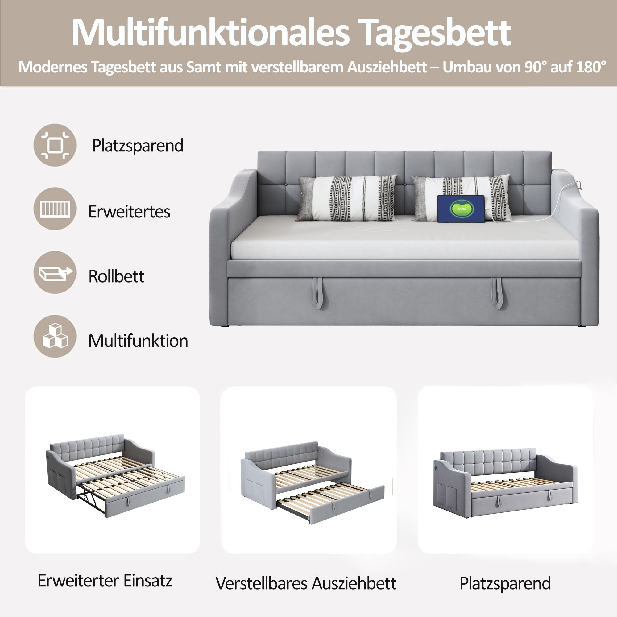 Upholstered Bed Sofa, 2-in-1 Multifunctional with Socket & Storage Bag, Light Grey Velvet