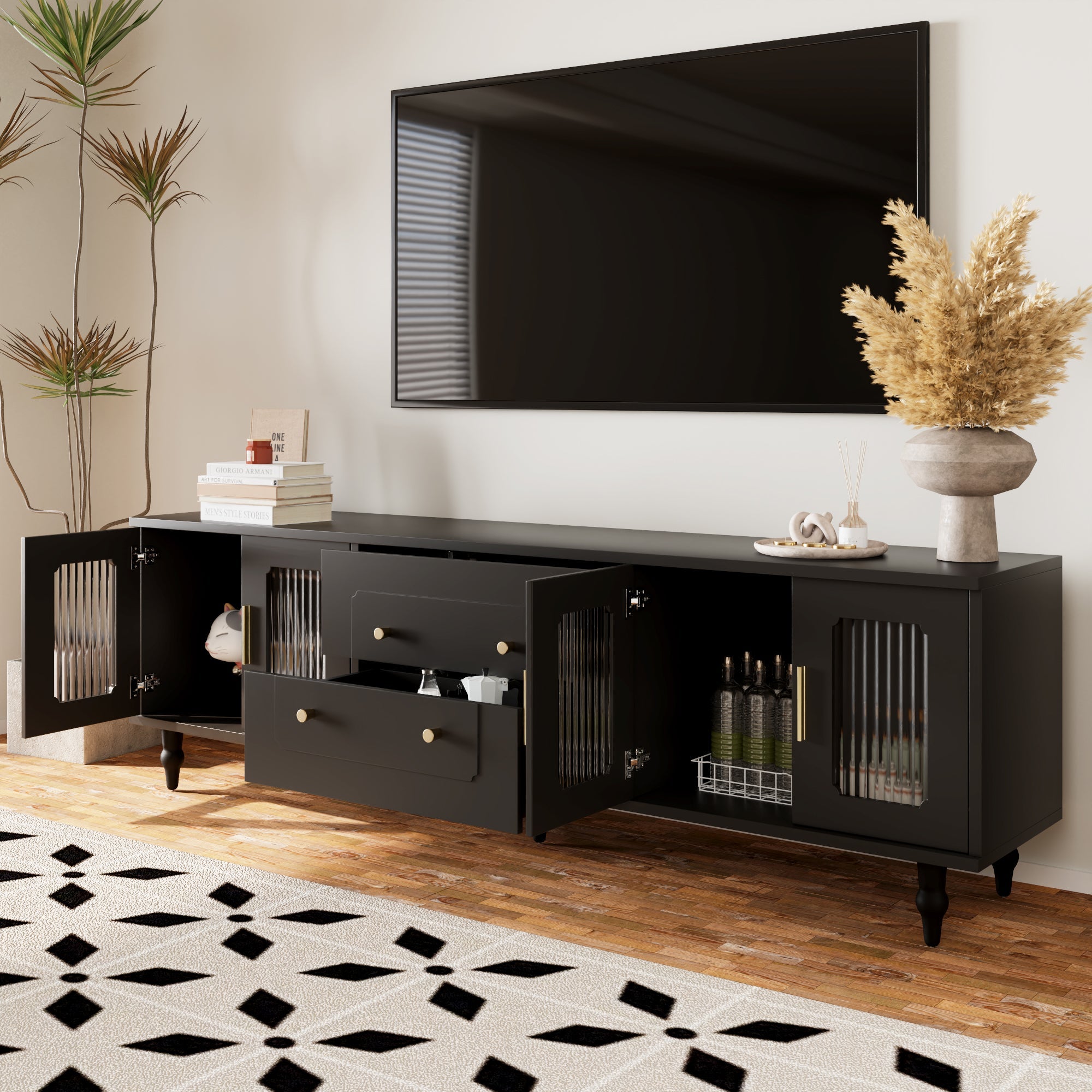 TV Cabinet, Retro Lowboard with Gold Handles, Glass Door, Solid Wood Legs