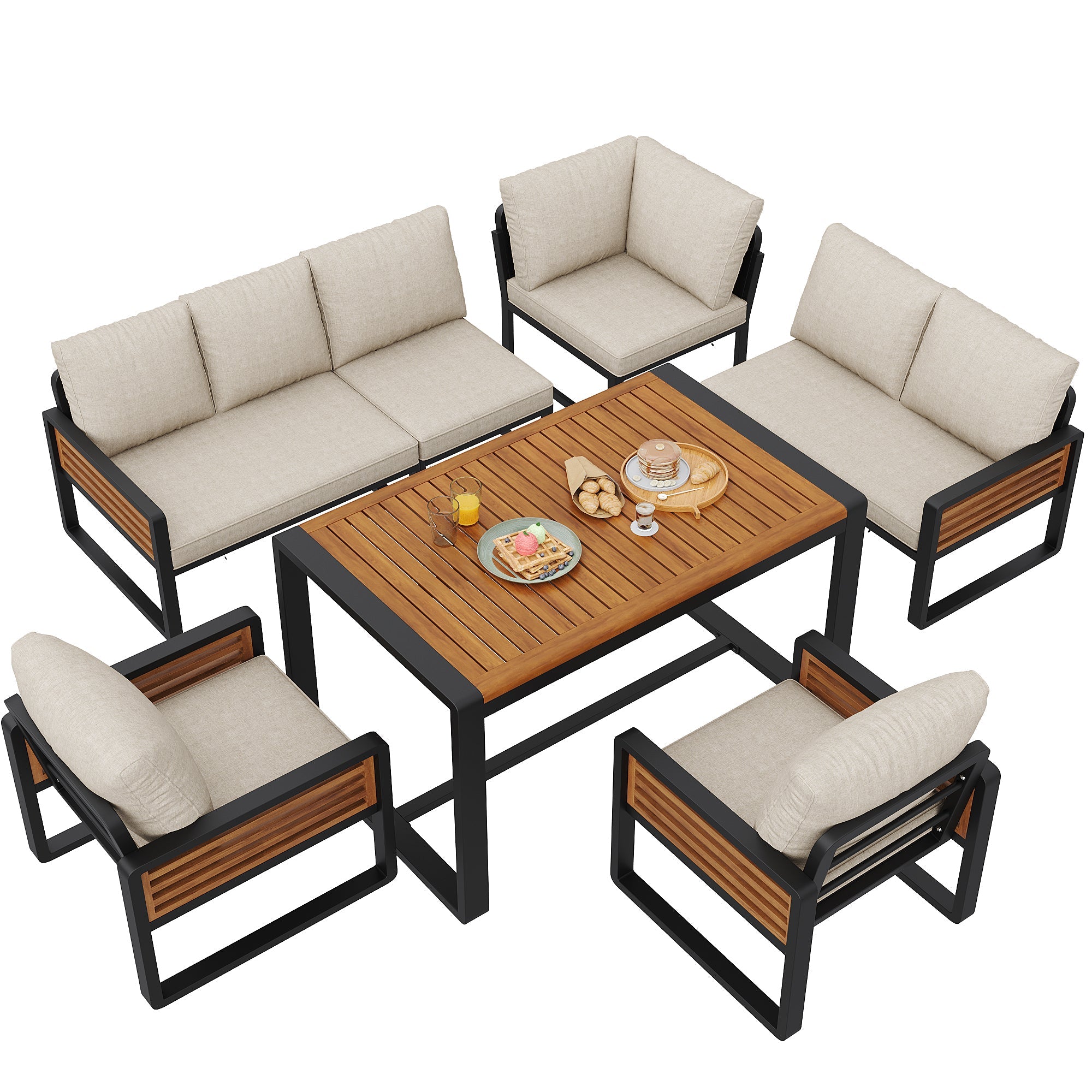 Garden Lounge Set with Solid Wood Dining Table for 8 People, Beige