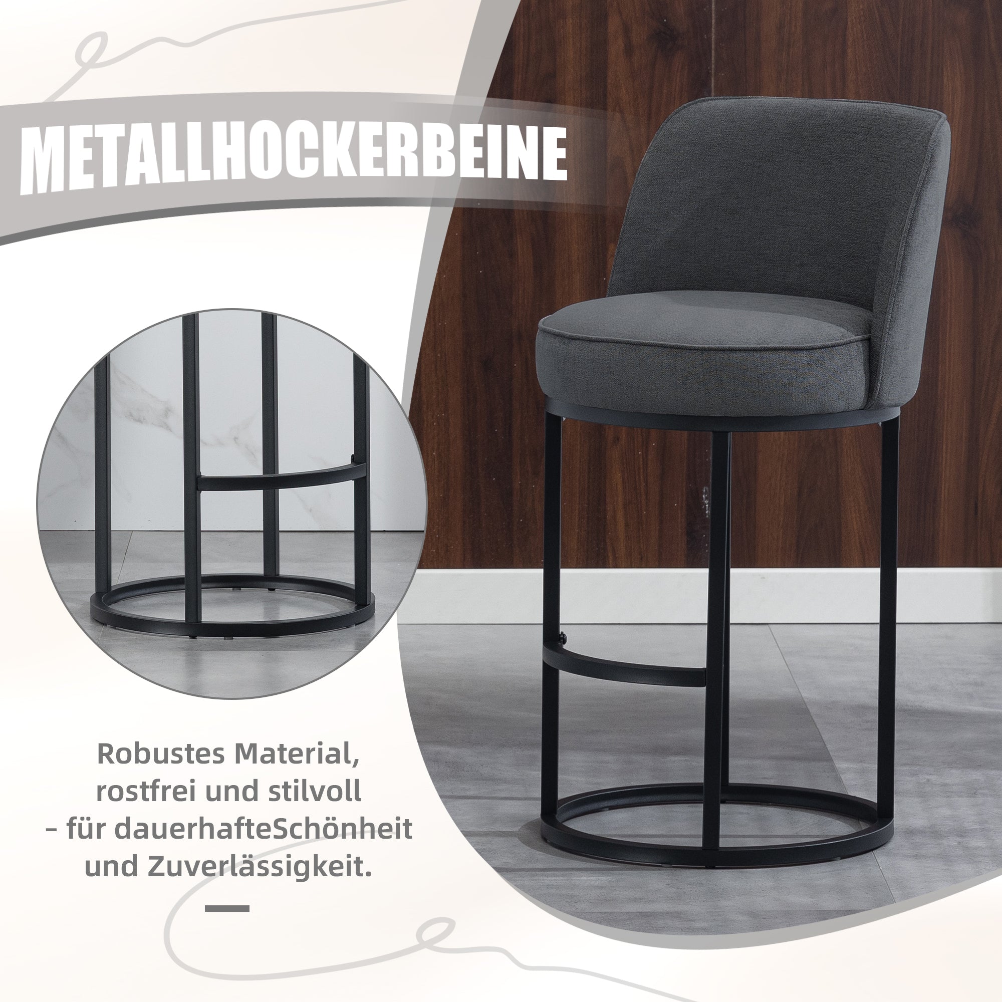 Modern Bar Stools Duo Set with Upholstered Seat and Metal Legs, Linen Upholstery