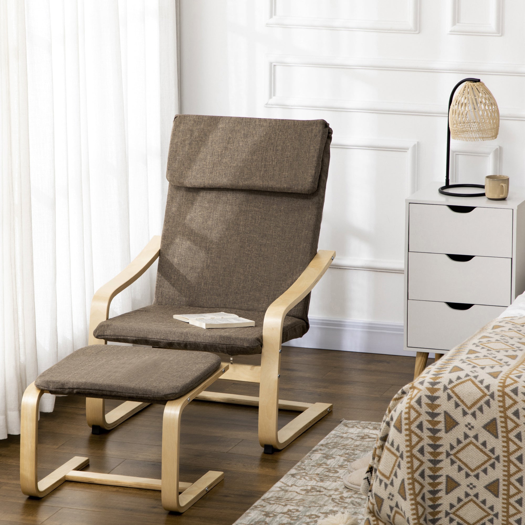 Relaxing Armchair with Footstool, Wingback Dining Chair, Linen Brown
