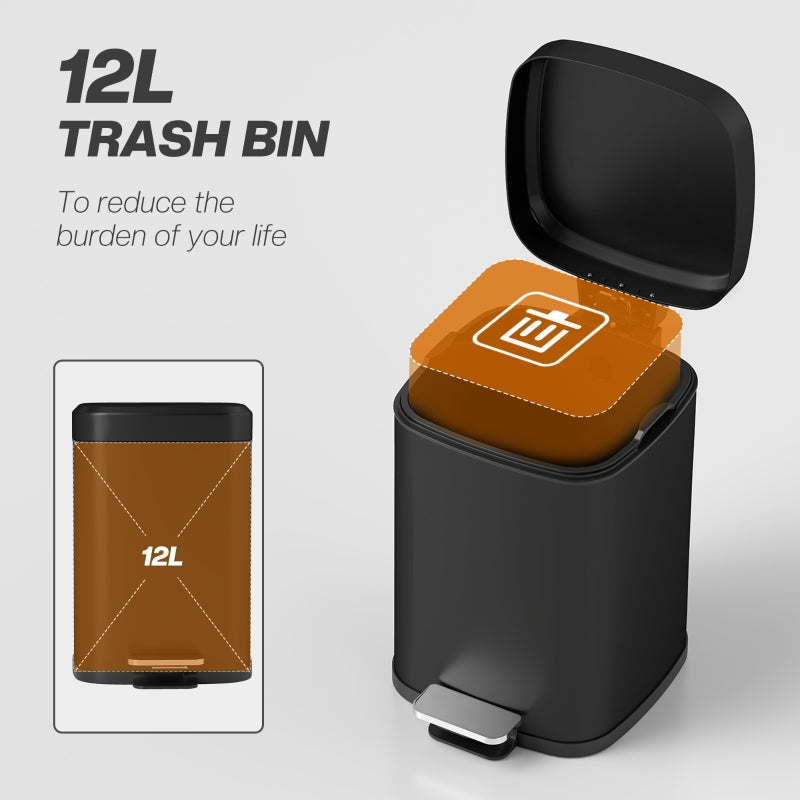 12L Modern Boxy Kitchen Bin Metal Black