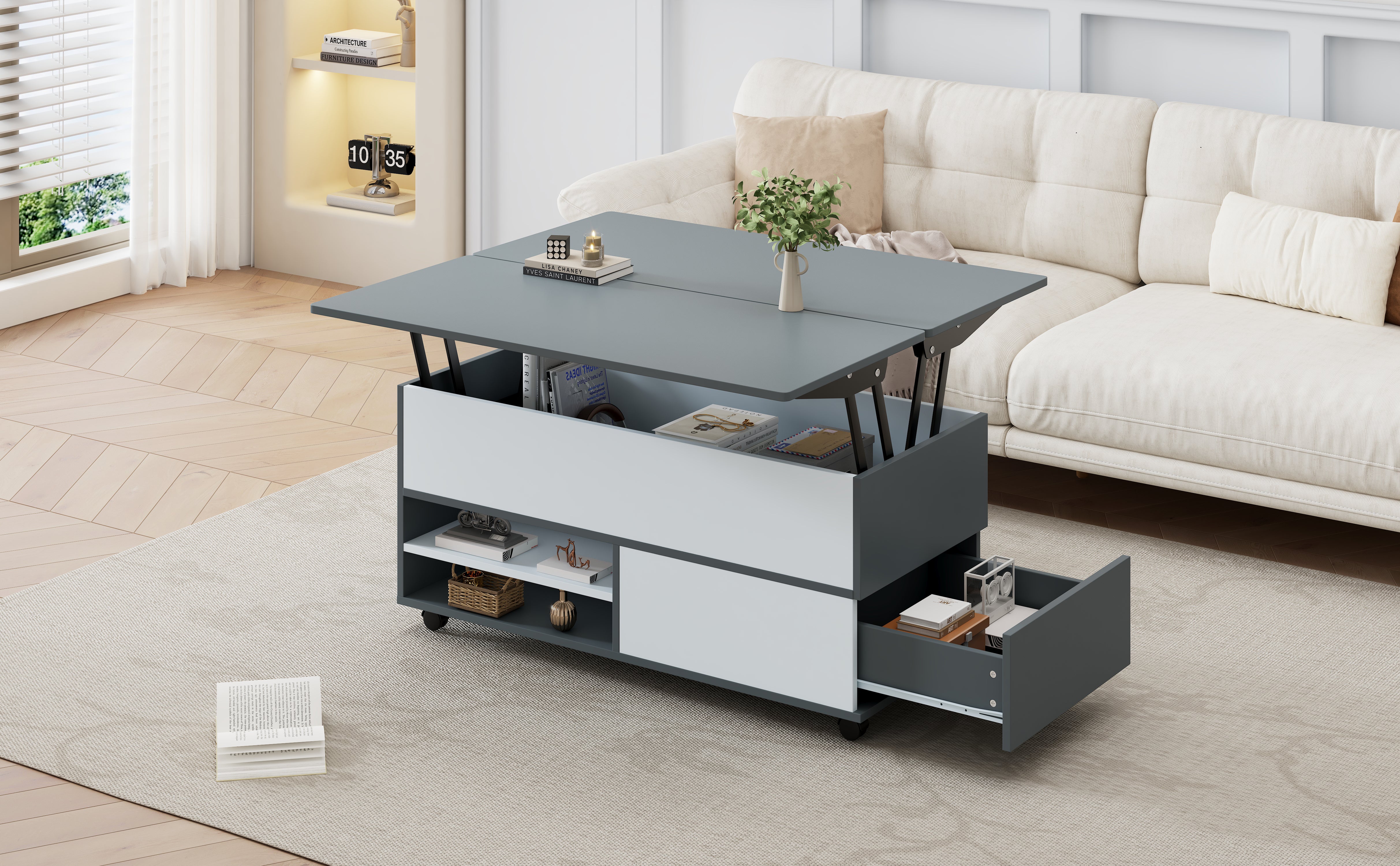 Coffee Table, 100x98x65cm Height-Adjustable Multifunctional with Hidden Storage & Wheels, Grey and White Splices