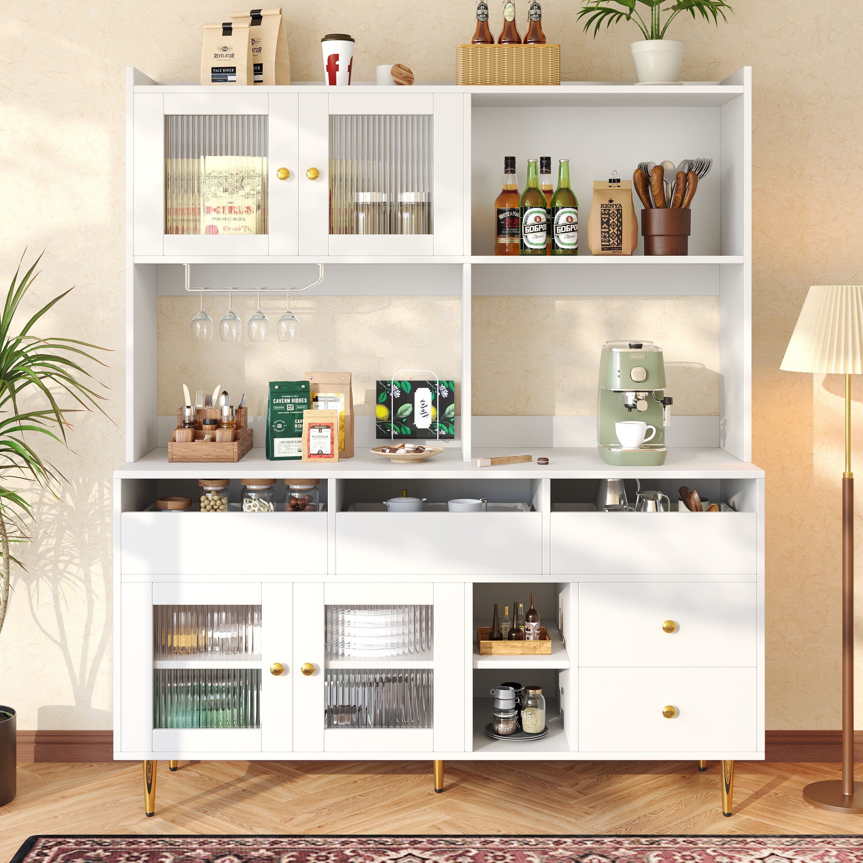 Dining Room Cabinet, Minimalist with Glass Doors & Wine Glass Shelves, White Gold Accents