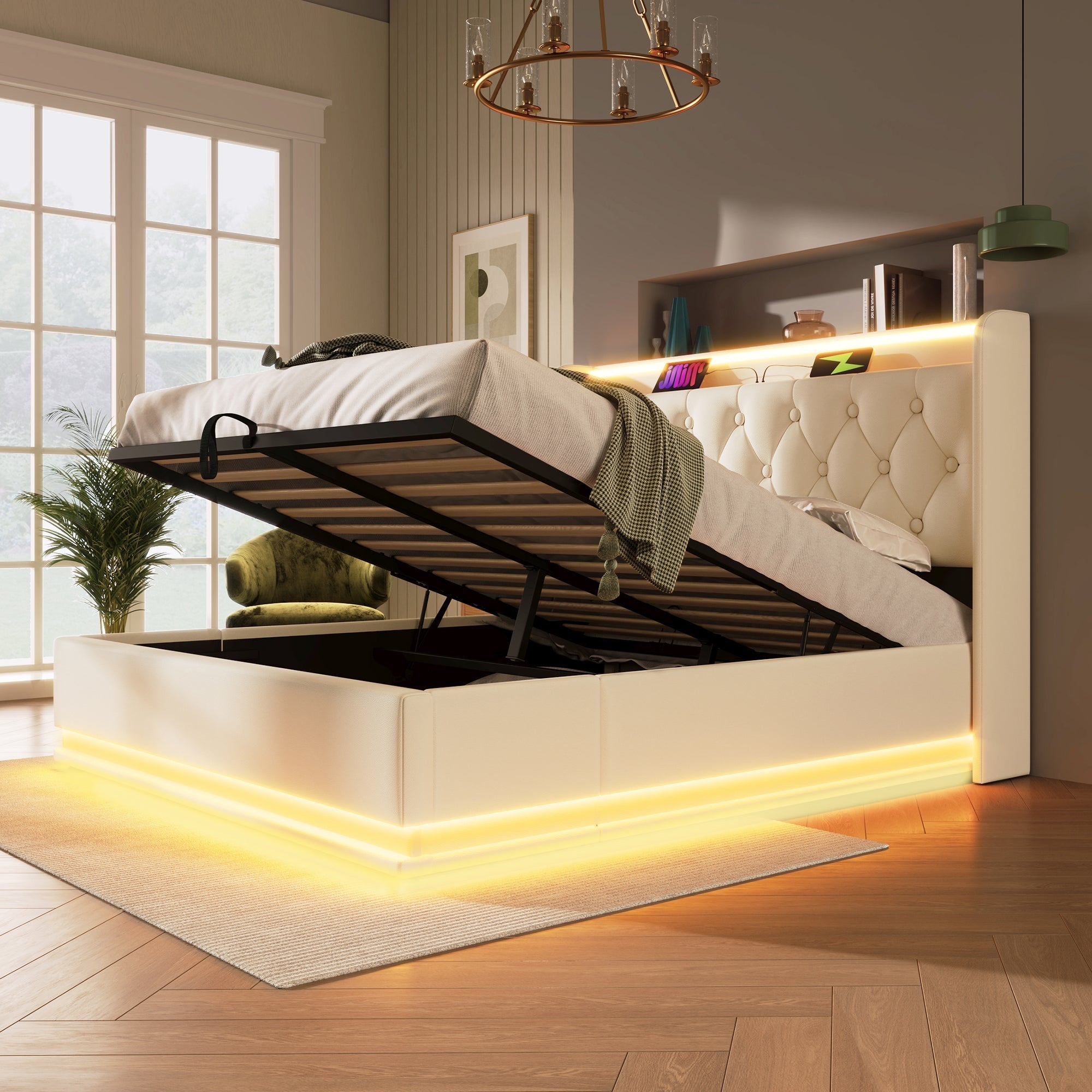 Upholstered Bed Double, LED, Hydraulic Storage, USB-C Charging, White PU