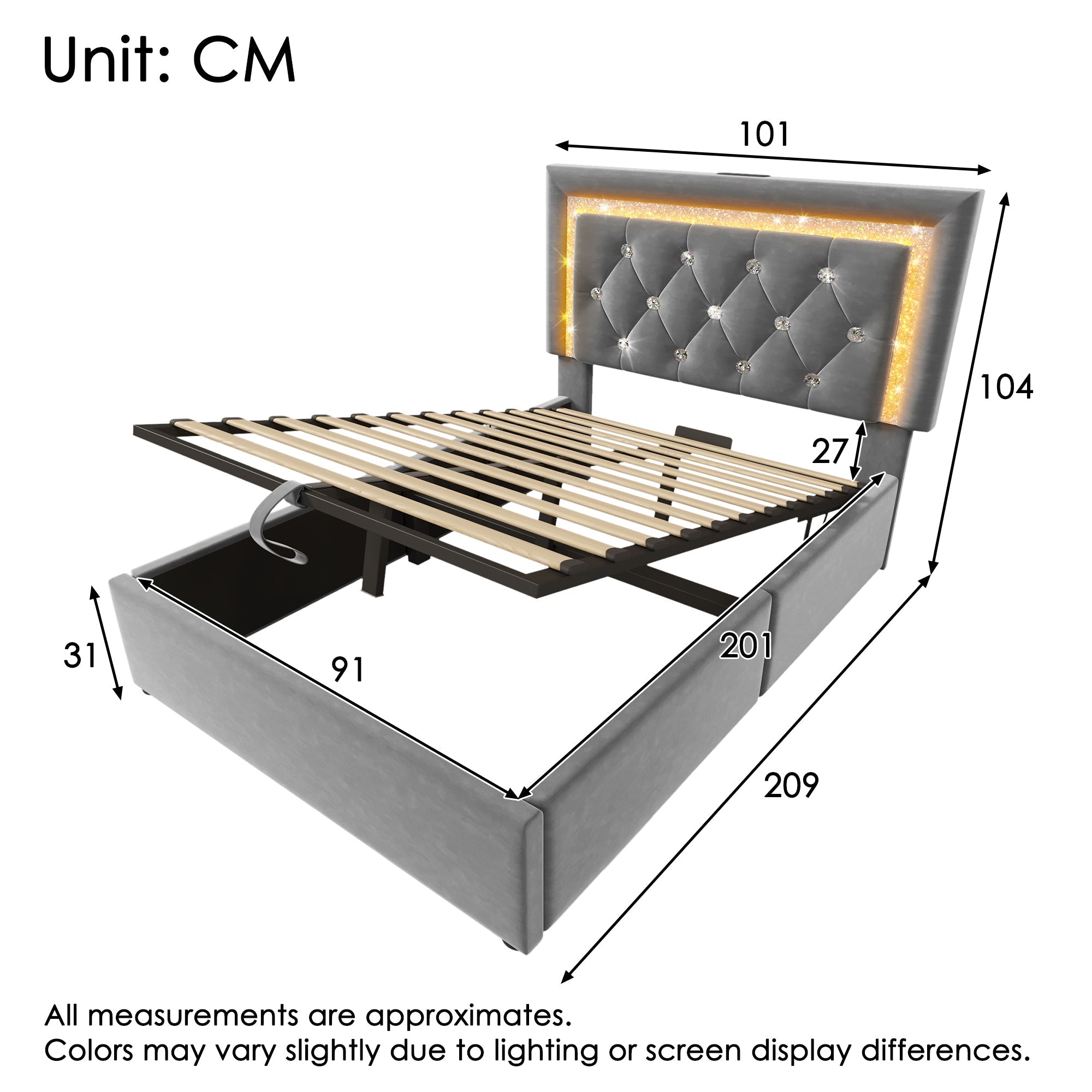 Upholstered Single Bed 90x200cm Hydraulic Storage LED USB Velvet Grey