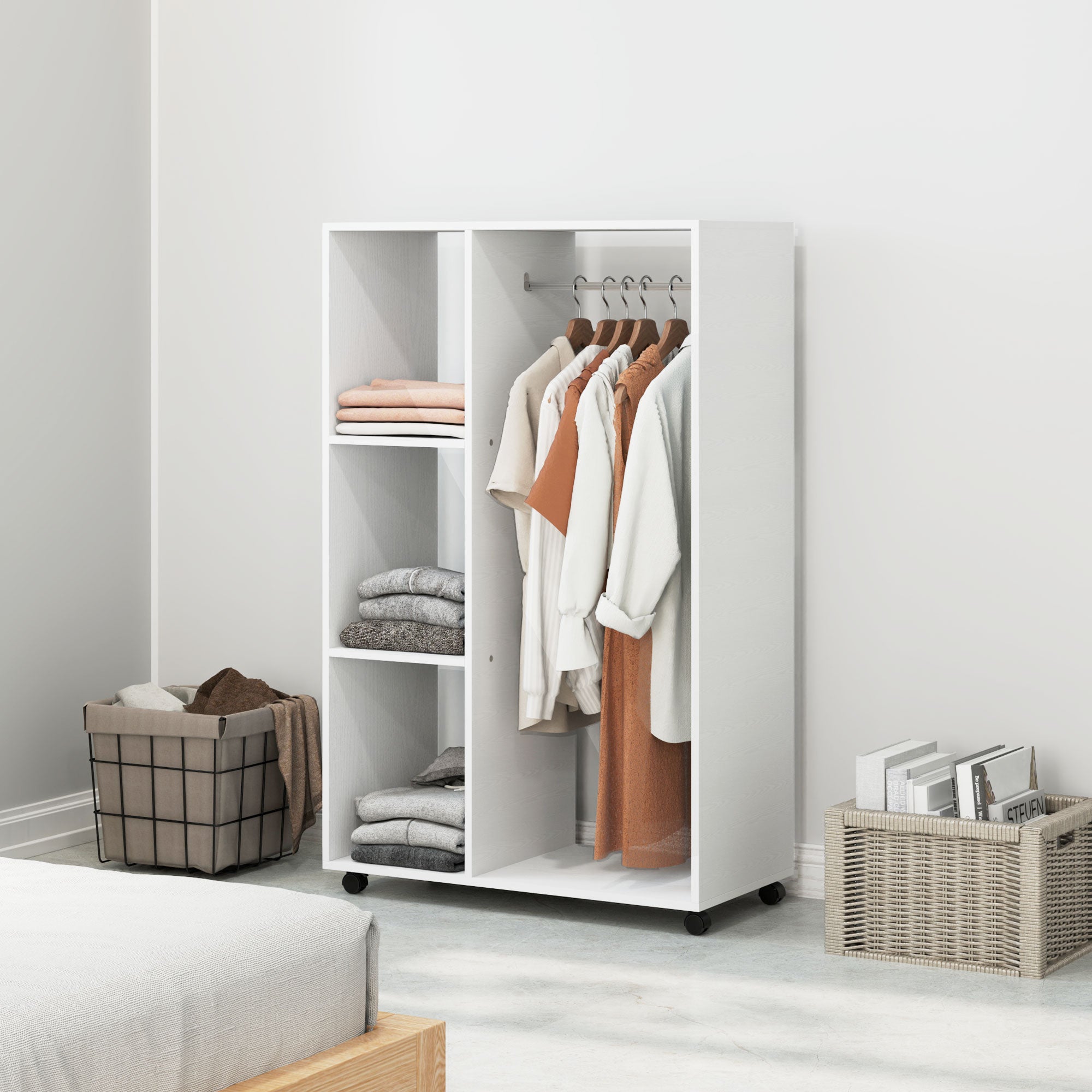 Wardrobe on Wheels, 1 Clothes Rail 3 Shelves Mobile Clothes Rack 80x40x128 cm, White
