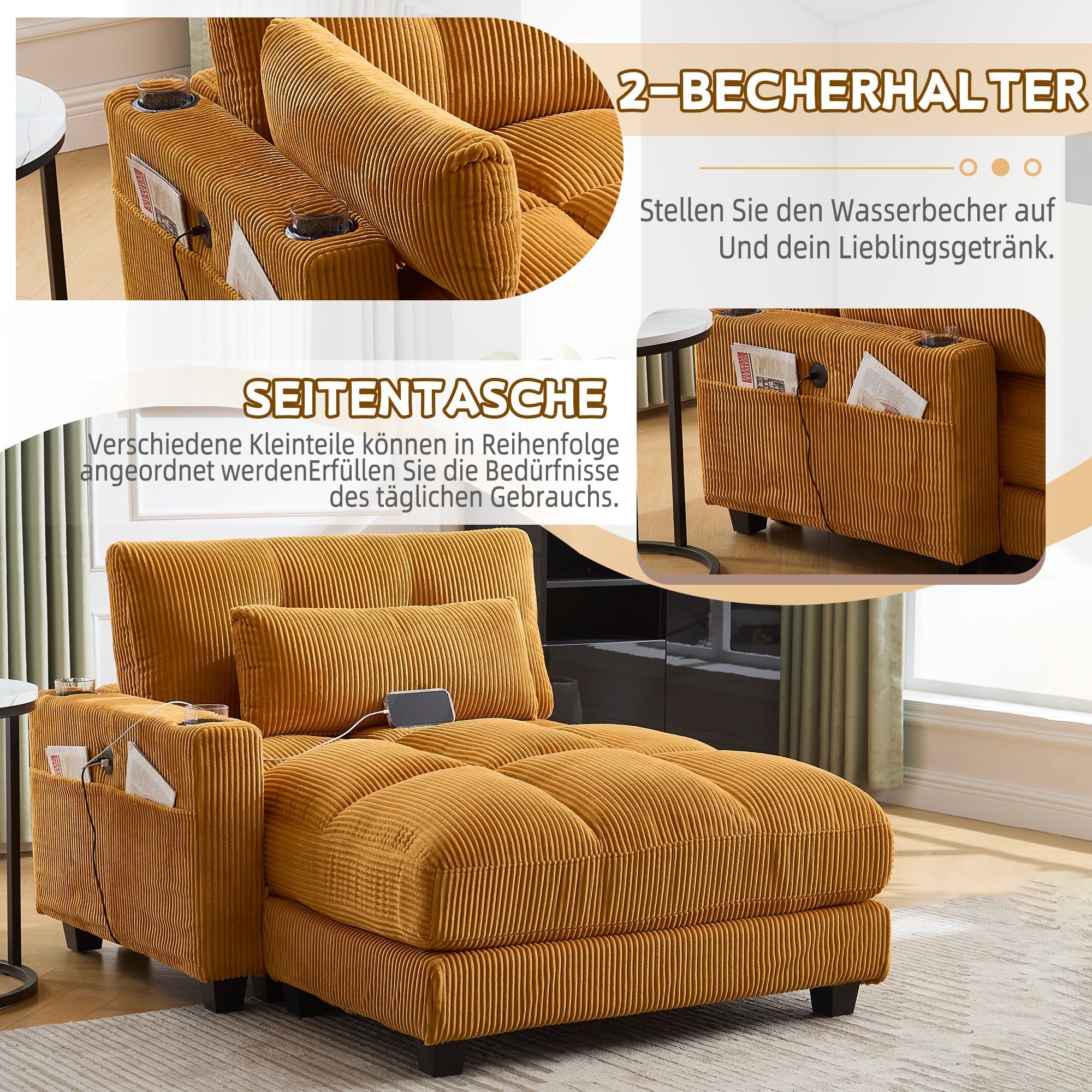 Palm Chair with Fluffy Cushions, Headrest, 3-Cup Holder & Side Pocket, Mustard