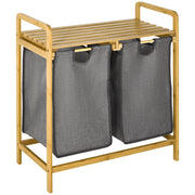 Laundry Basket with Platform, 2 Bags, Bamboo Grey+Natural