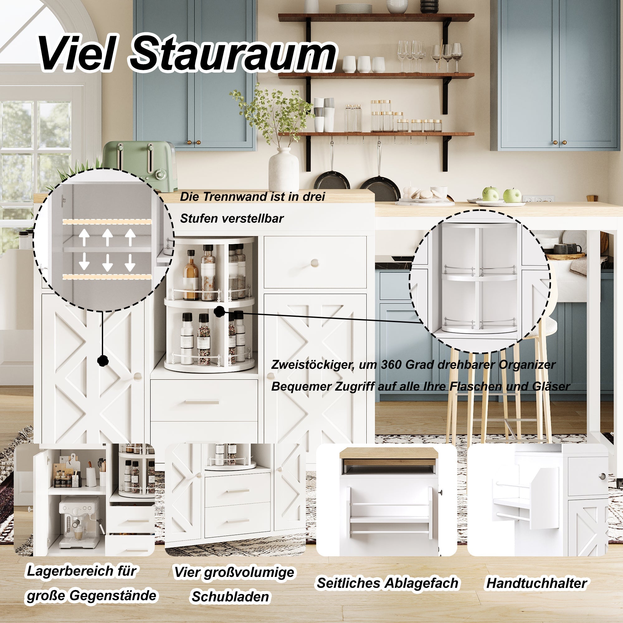Modern Extendable Bar Table and Kitchen Trolley with Rotating Organizer and Adjustable Shelves, White