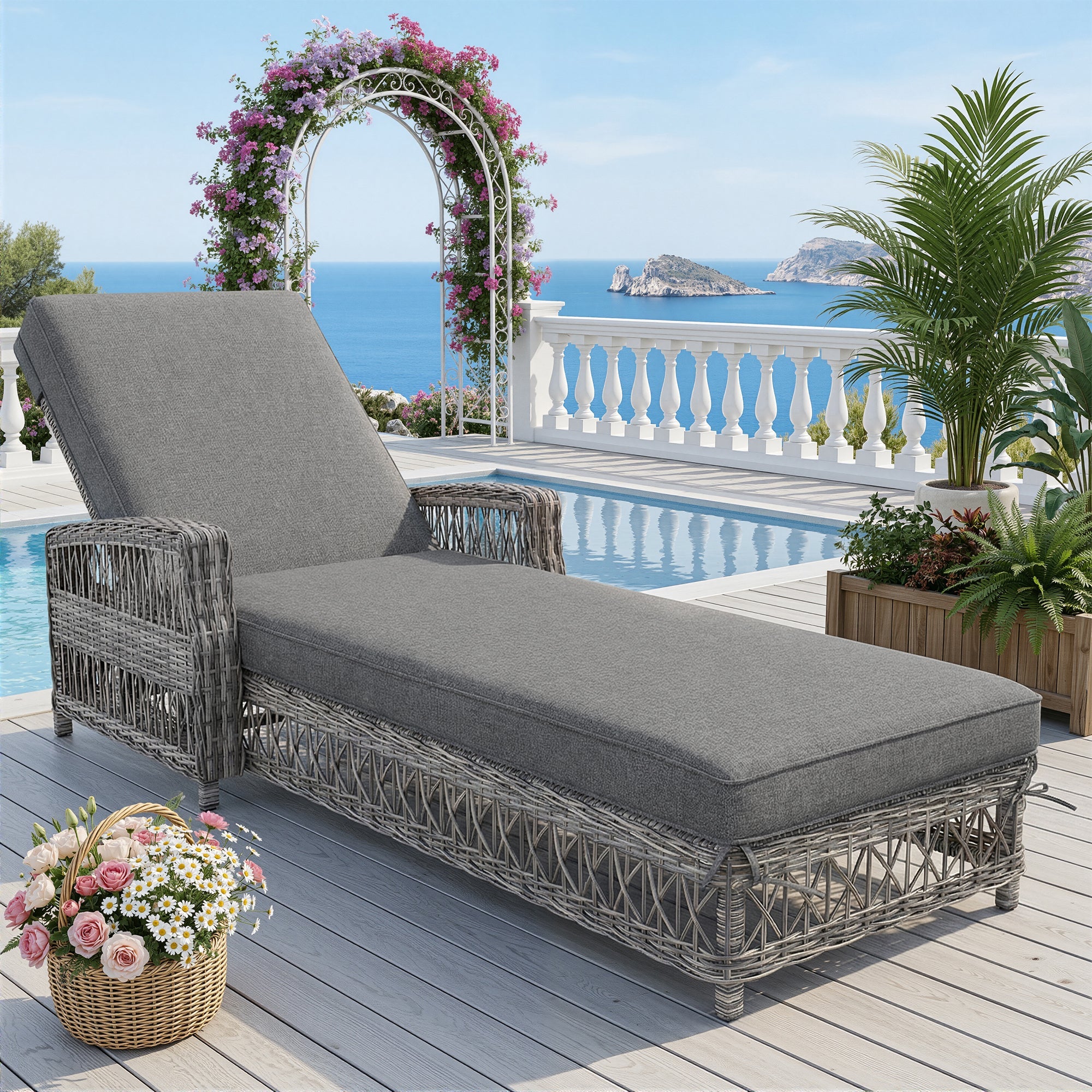 Outdoor Rattan Lounger with Adjustable Backrest and Removable Cushion, Grey Rattan