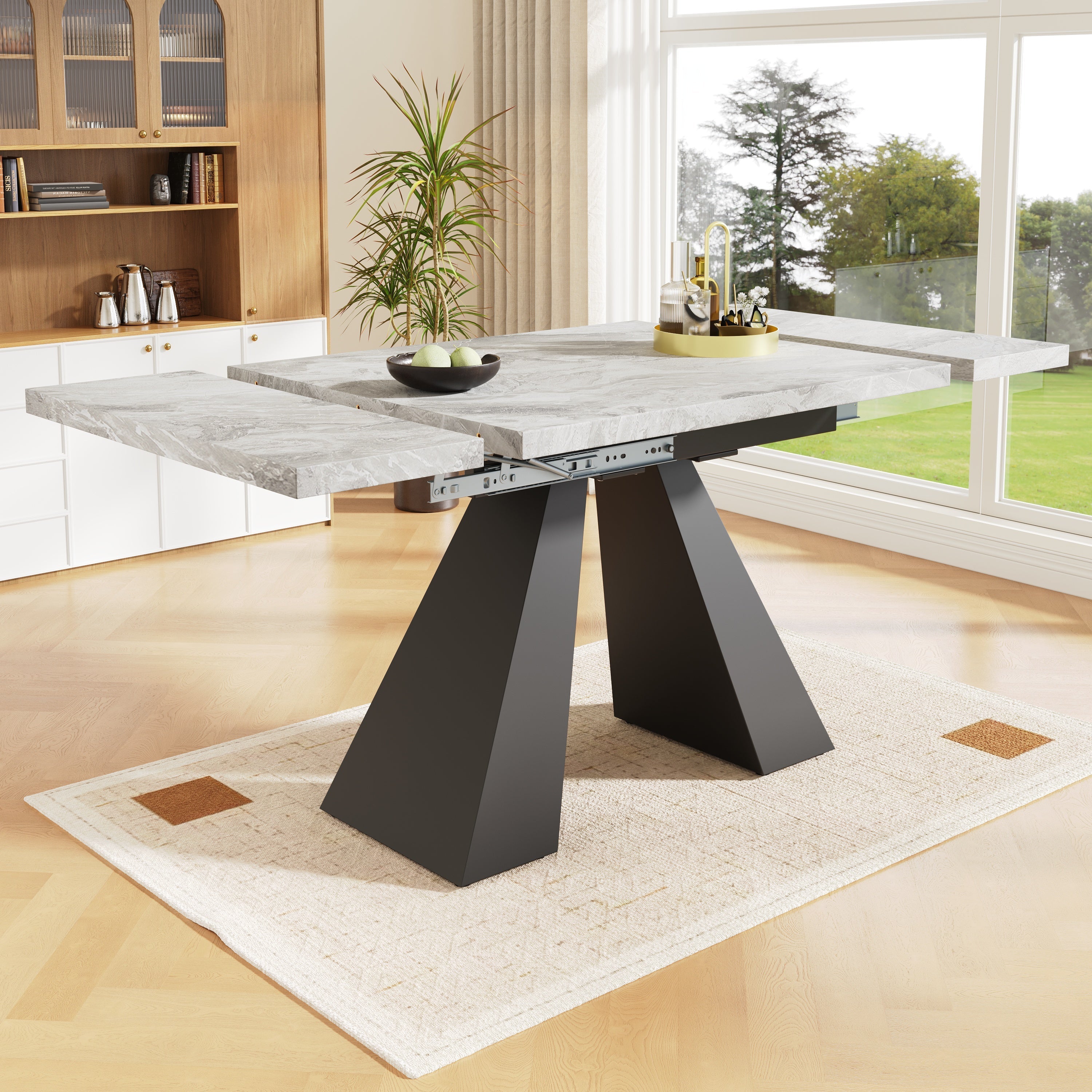 5-Piece Dining Set Extendable Table 4 Velvet Chairs - Grey/Black
