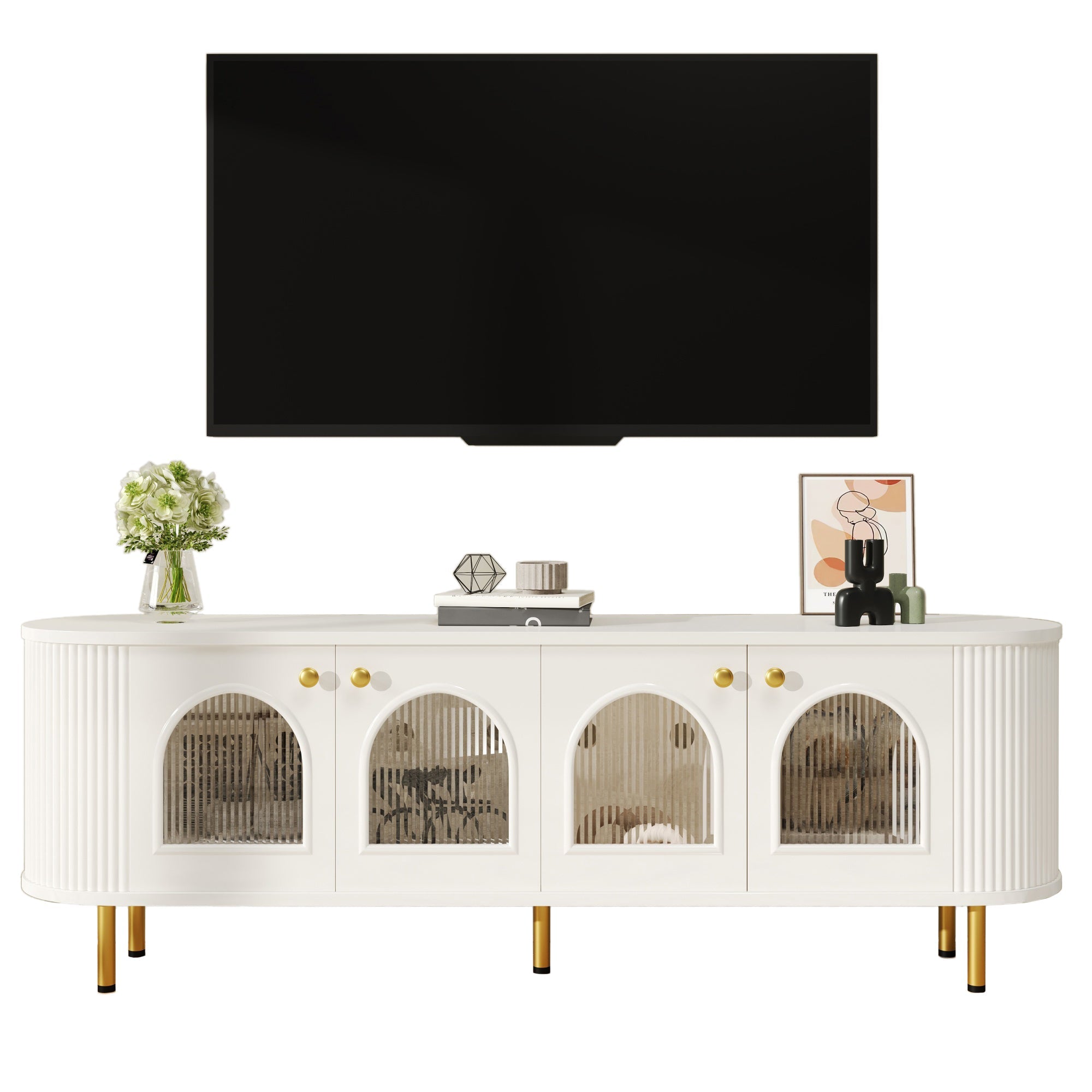 TV Cabinet Lowboard Glass Doors Storage Gold Handles/Legs