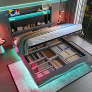 Modern Upholstered Bed 140x200cm LED Storage USB Ports Gas Spring Slatted Base Fabric