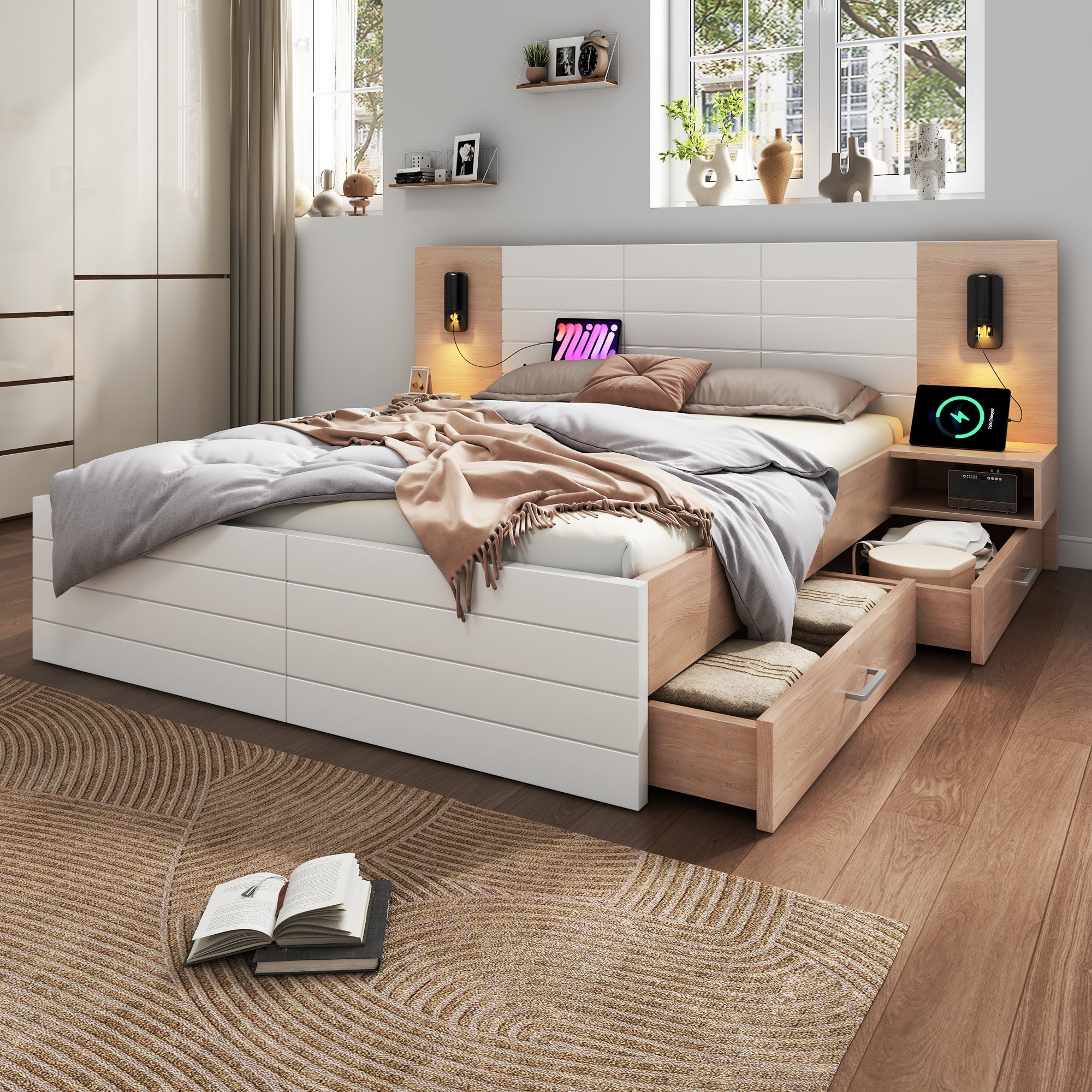 Double Bed 140x200cm, 2 Drawers, USB Reading Light, 2 Bedside Tables, Oak/White Wood