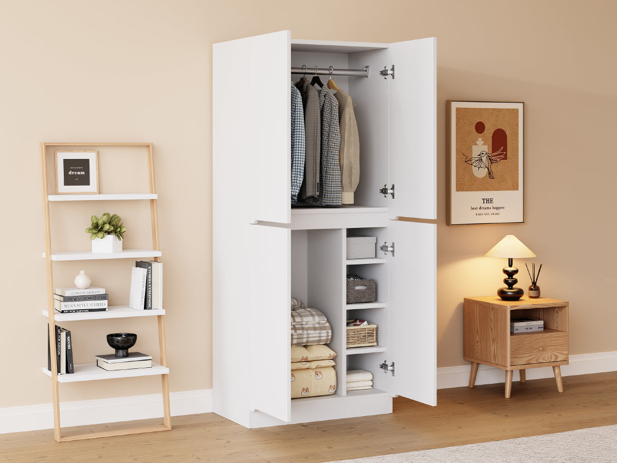 Tall Kitchen Cabinet with Ample Storage and Metal Accents, White and Wood Color