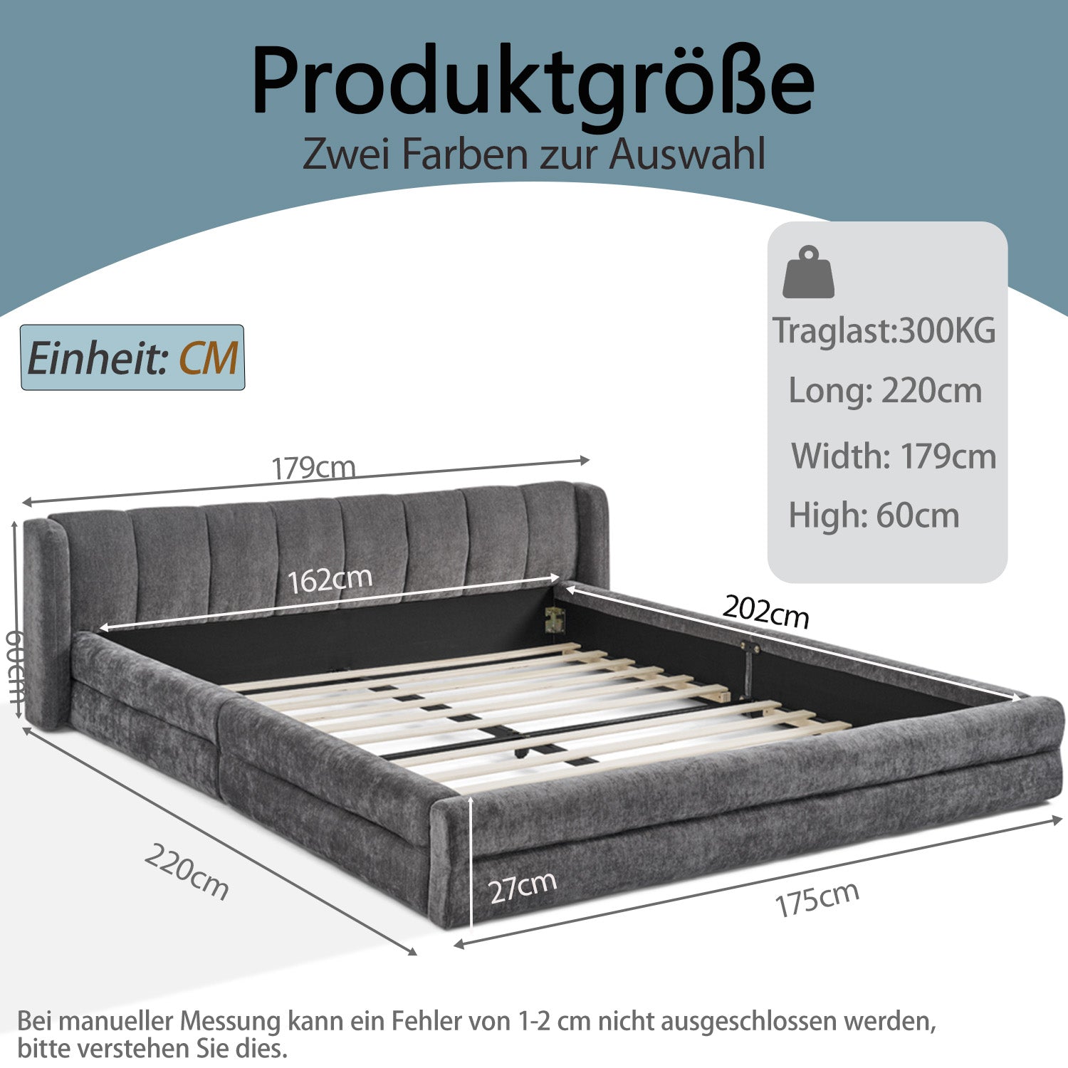 Double Bed 160x200cm Comfortable Backrest Sturdy Frame - Dark Grey Chenille
