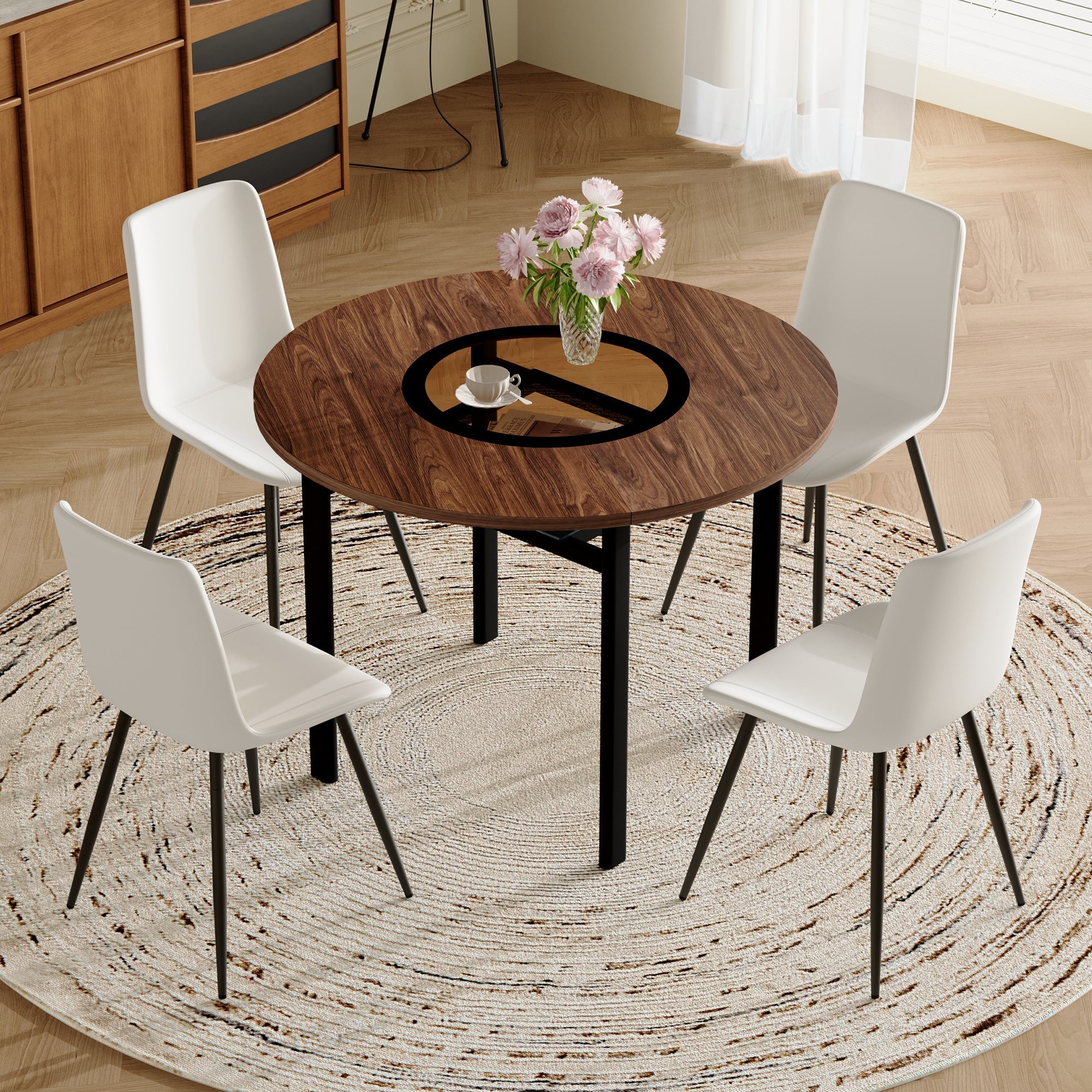 Modern Minimalist Round Table Set 100cm Storage 4 PU Chairs - Brown Wood/White