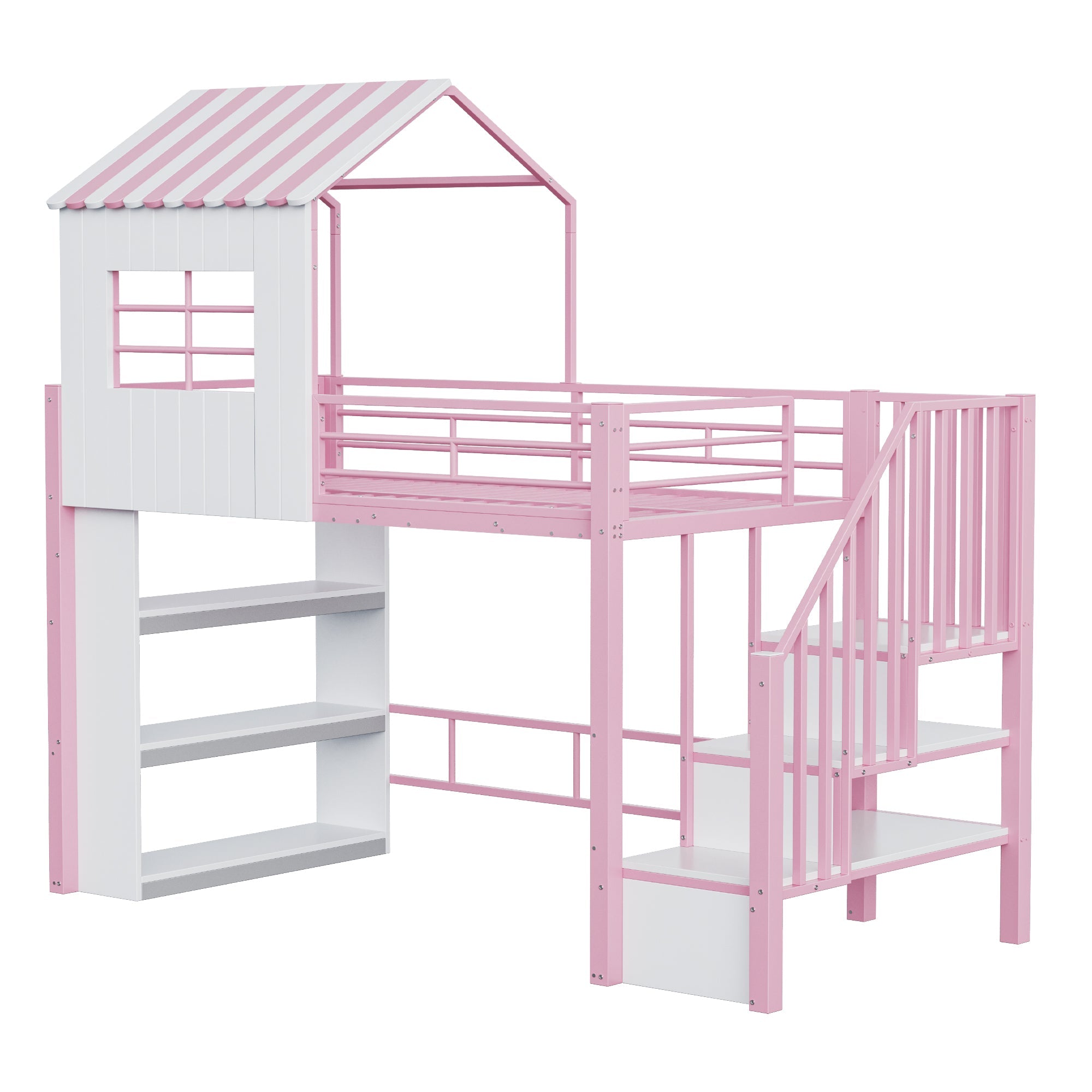 Iron Loft Bed with House Design, Storage Shelf and Safety Rail, 90x200cm, Pink Iron