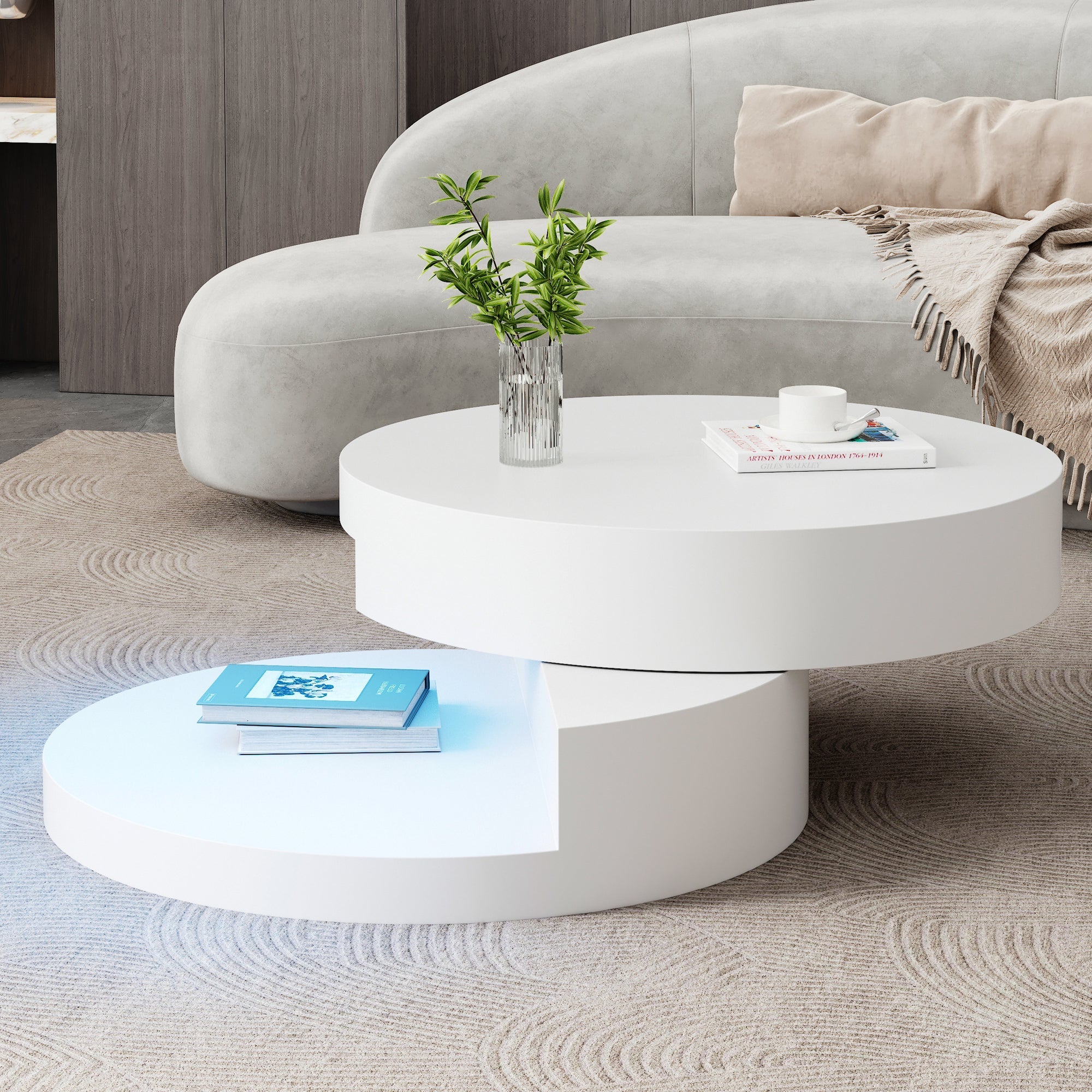 Coffee Table Swivel 360° LED Light Cylindrical MDF White