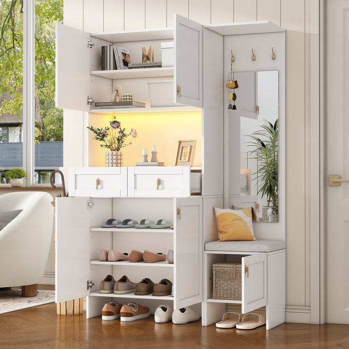 Wardrobe Set Shoe Bench Shoe Cabinet Mirror Storage - White
