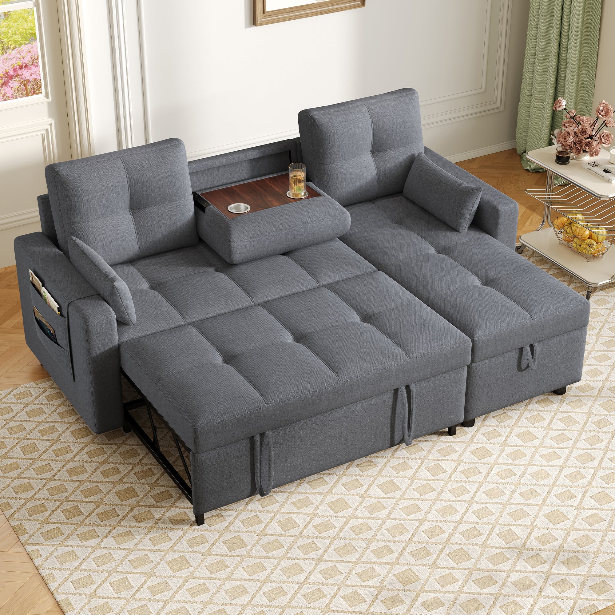Modern L-Sofa Modular Pull-out Sofa Bed Sleeping Function Storage Cup Holder