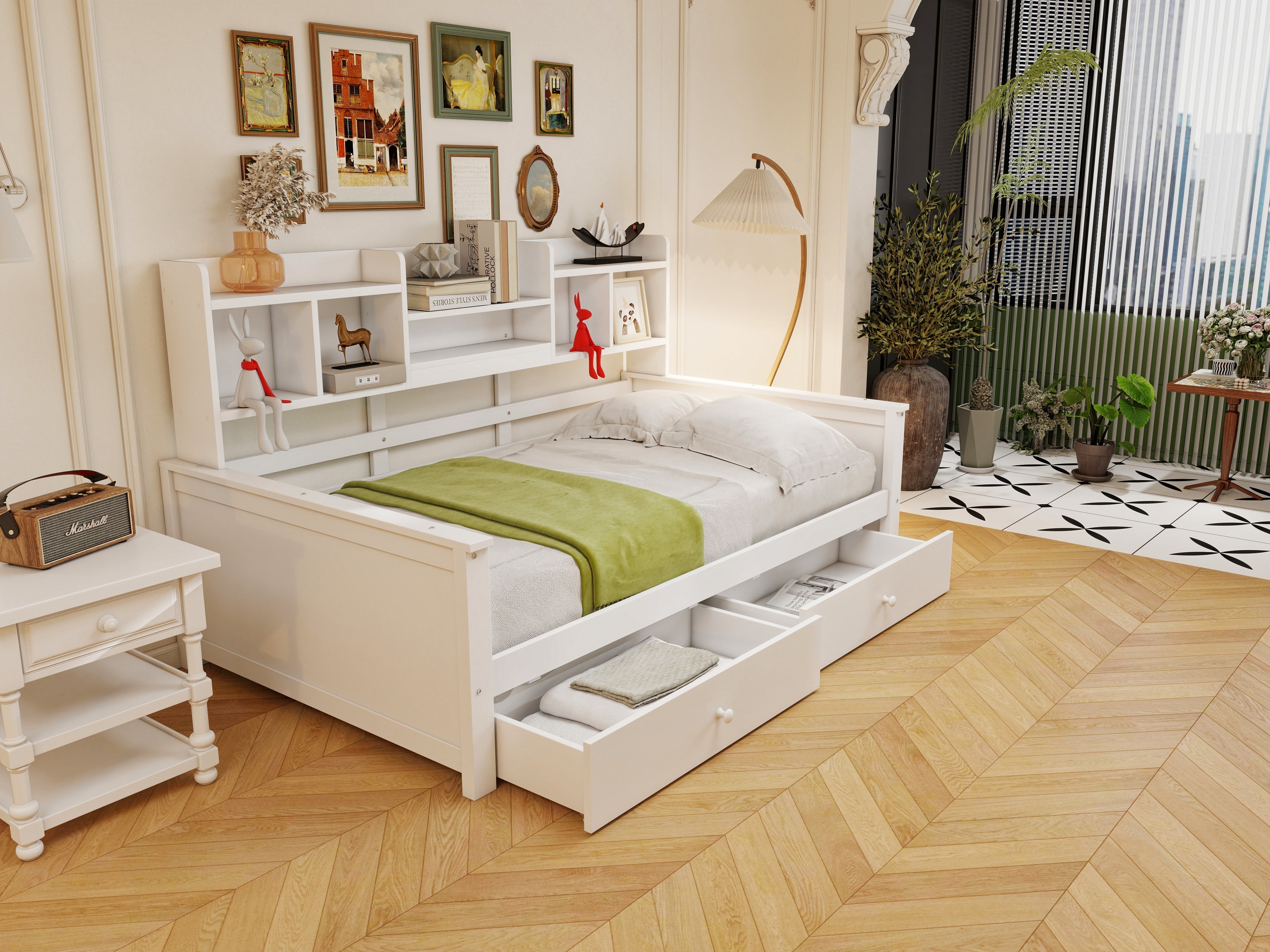 Solid Wood Sofa Bed 90x200 Storage Drawers Shelves White