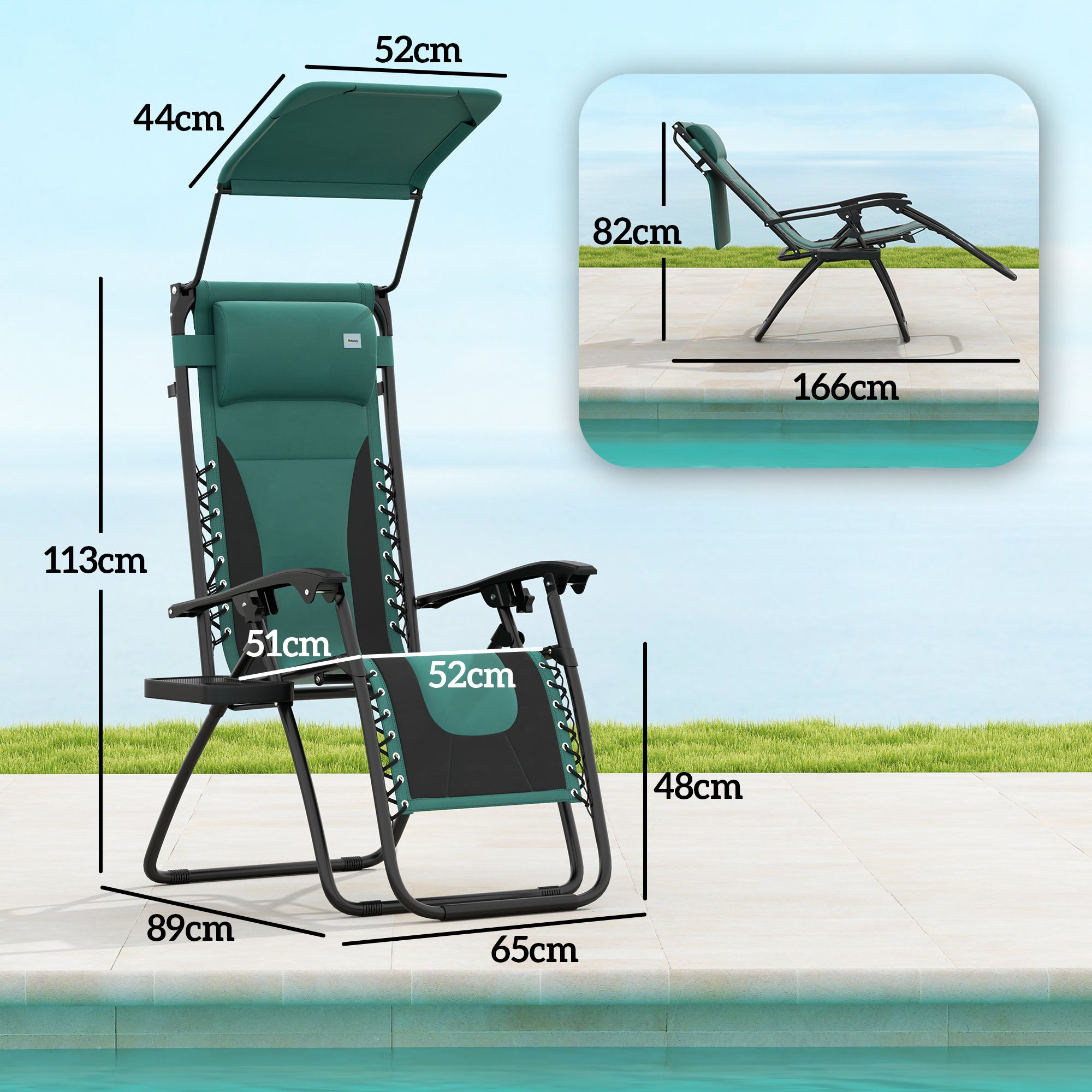 Zero Gravity Lounger Chair Set of 2, Folding Recliner with Shade Cover & Cup Holder, Green