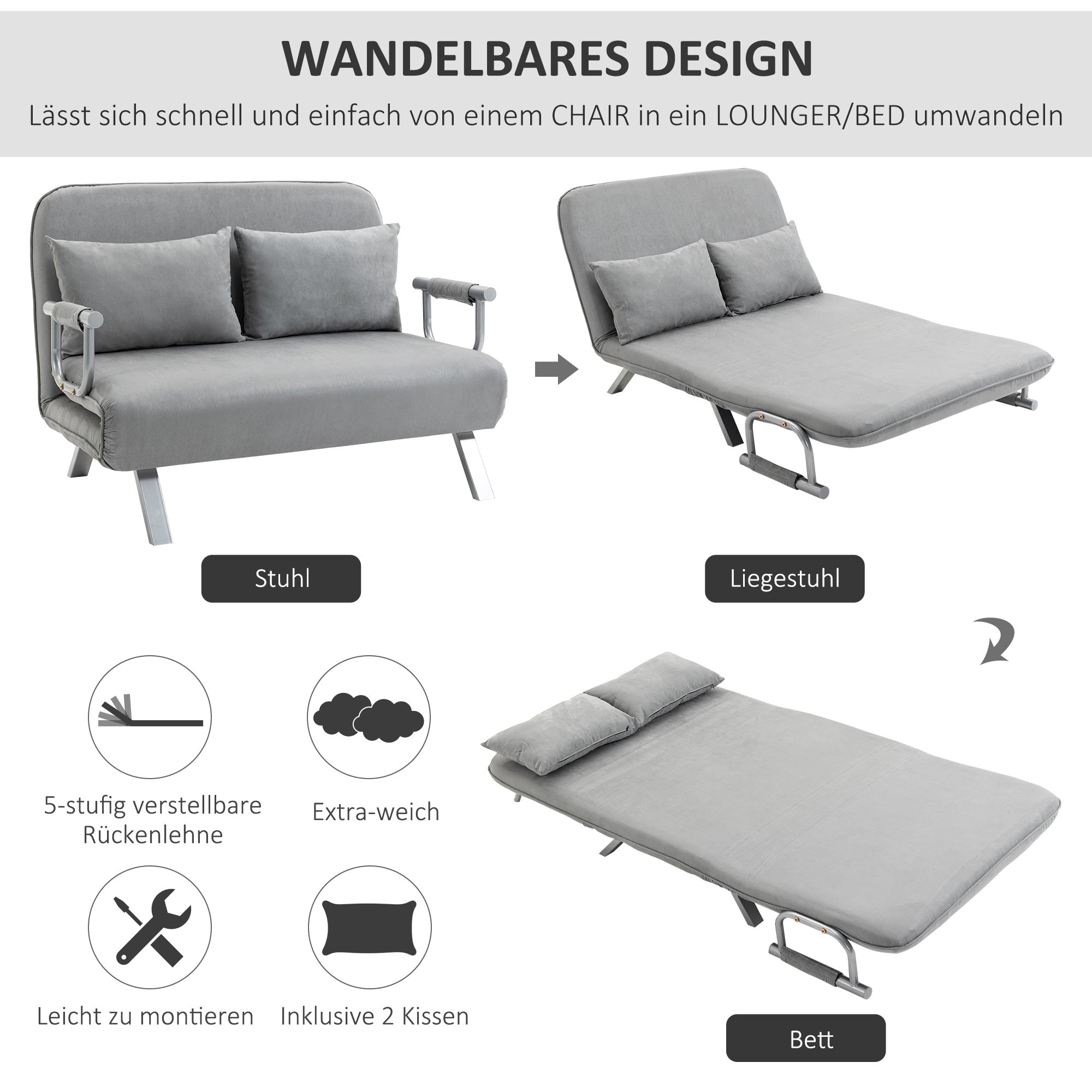 Sleeper Sofa Two-Seater Adjustable Bed Function Cushions, Light Grey