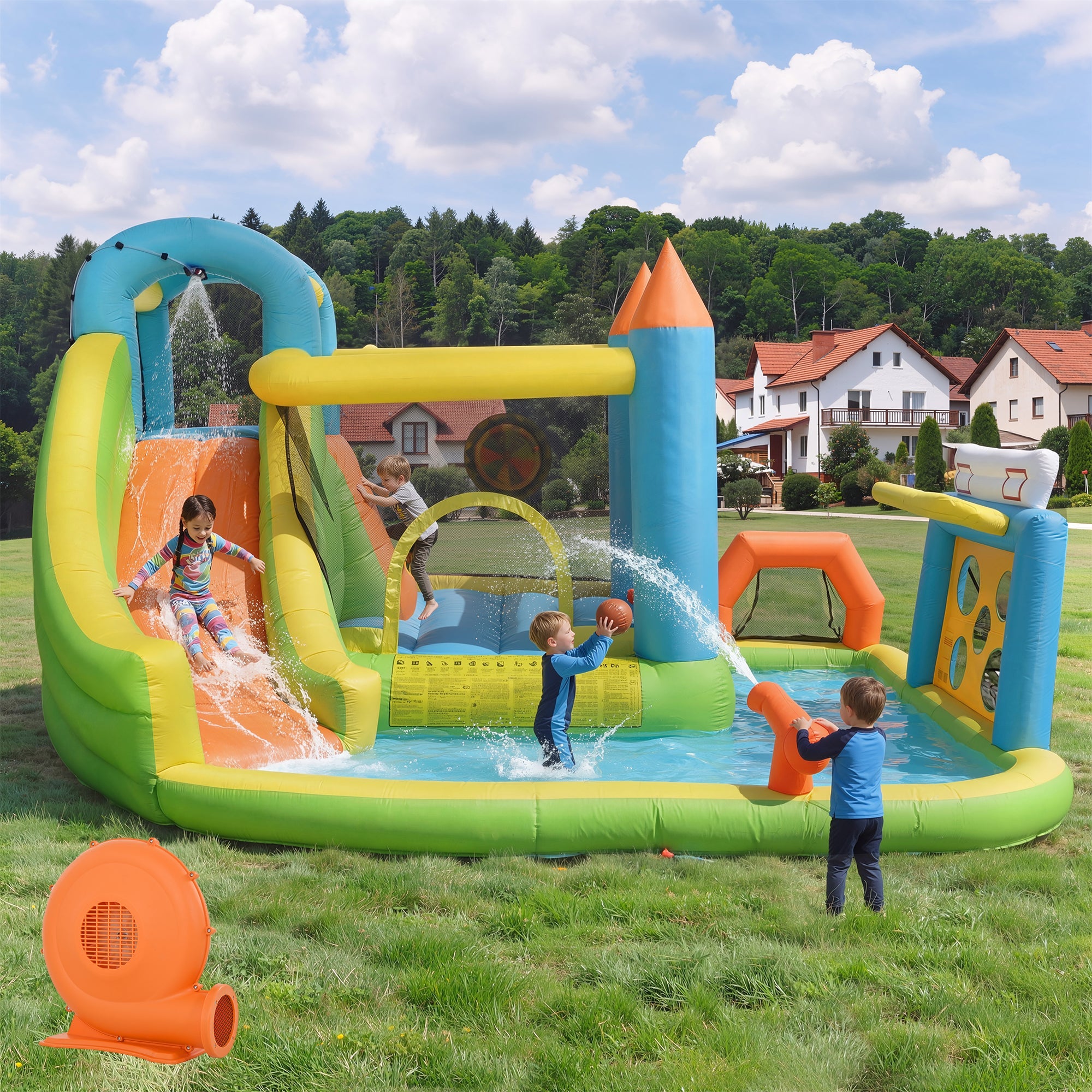 Inflatable Bouncy Castle with Slide, Water Pool and Basketball Hoop, 360x320x200cm, Multicolor