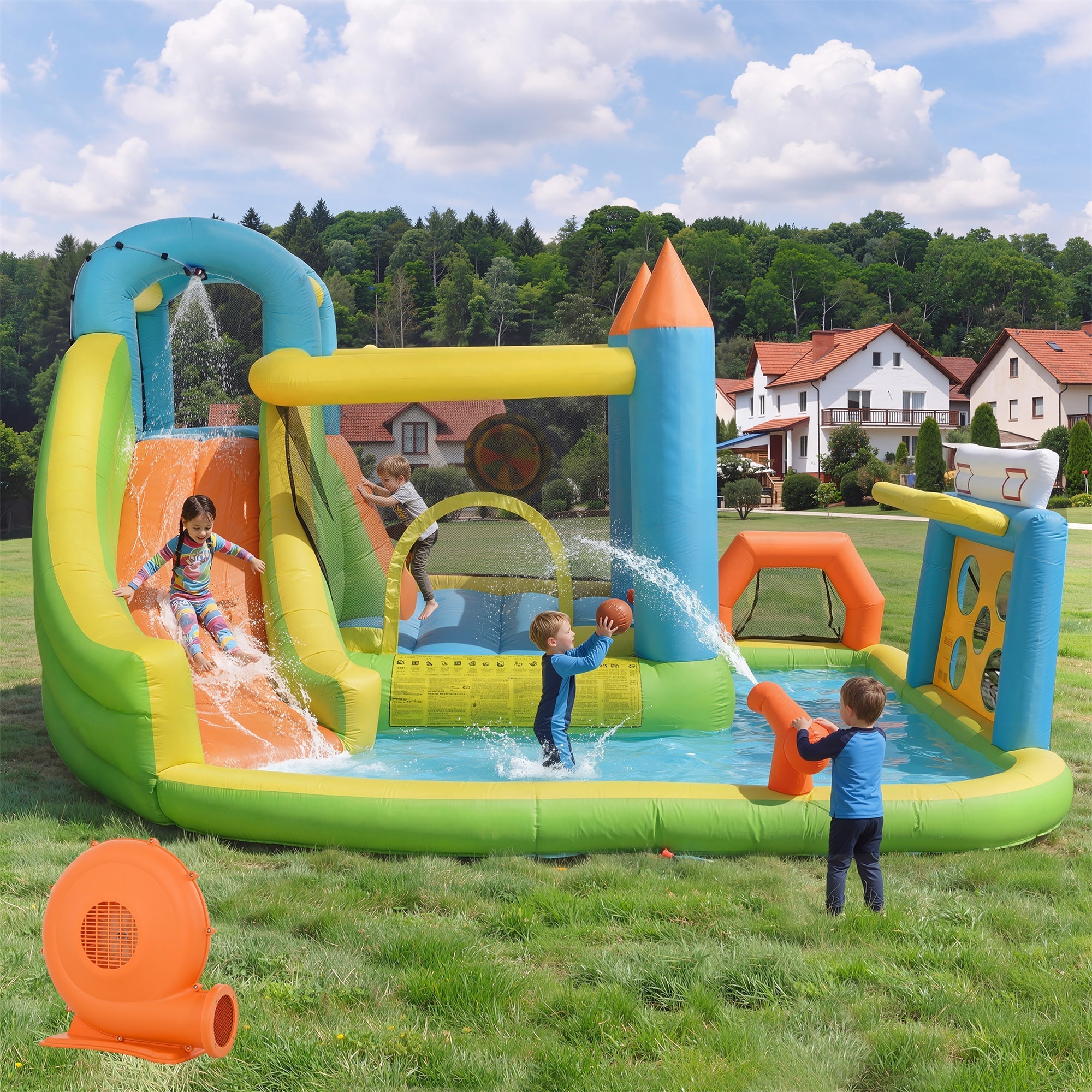 Inflatable Bouncy Castle with Slide, Water Pool and Basketball Hoop, 360x320x200cm, Multicolor
