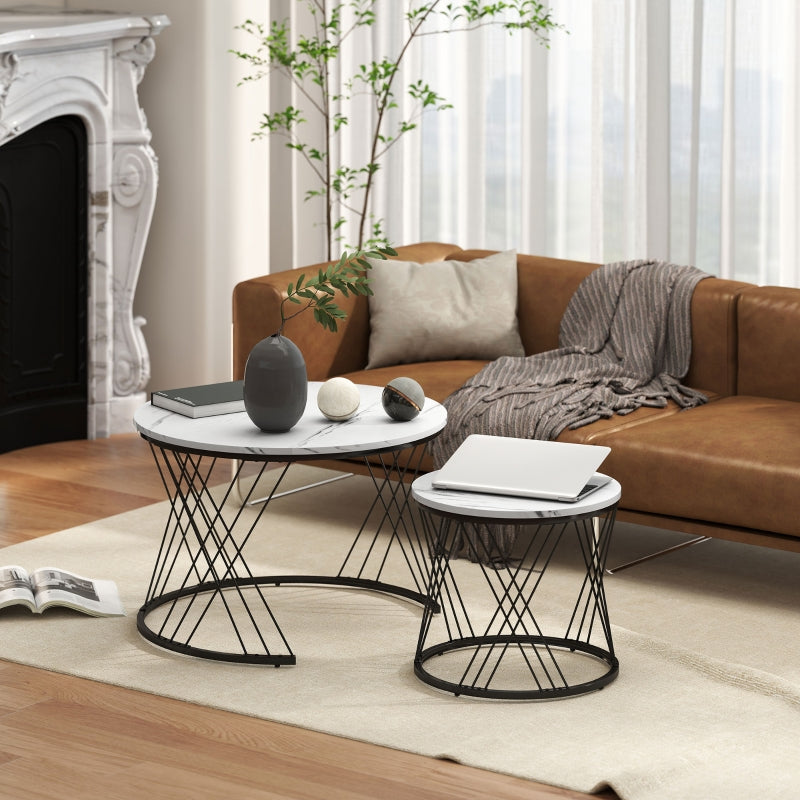 Coffee Tables Set of 2, Nestable Round Living Room, White Marble Look