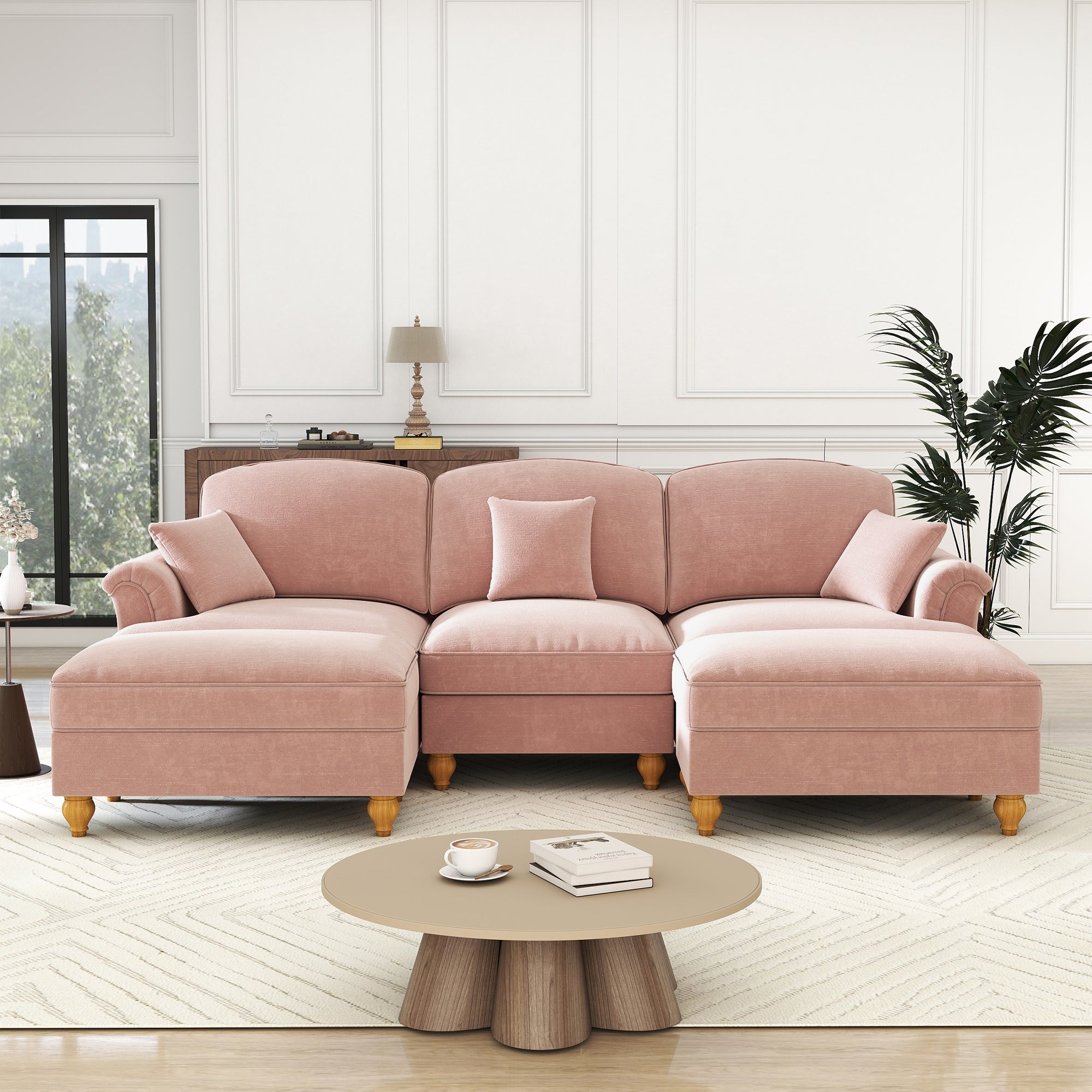 Modular U-Shaped Chenille Sofa, Movable Ottoman, Ruffled Apron - Pink