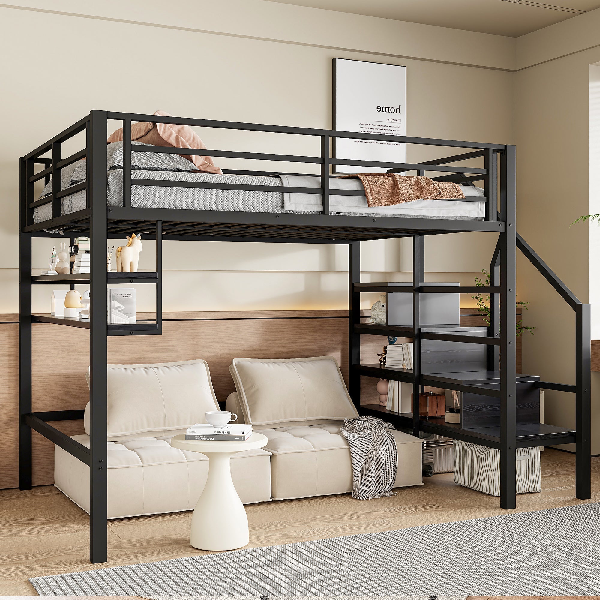 Loft Bed 140x200cm Storage Ladder Shelves Railing Black