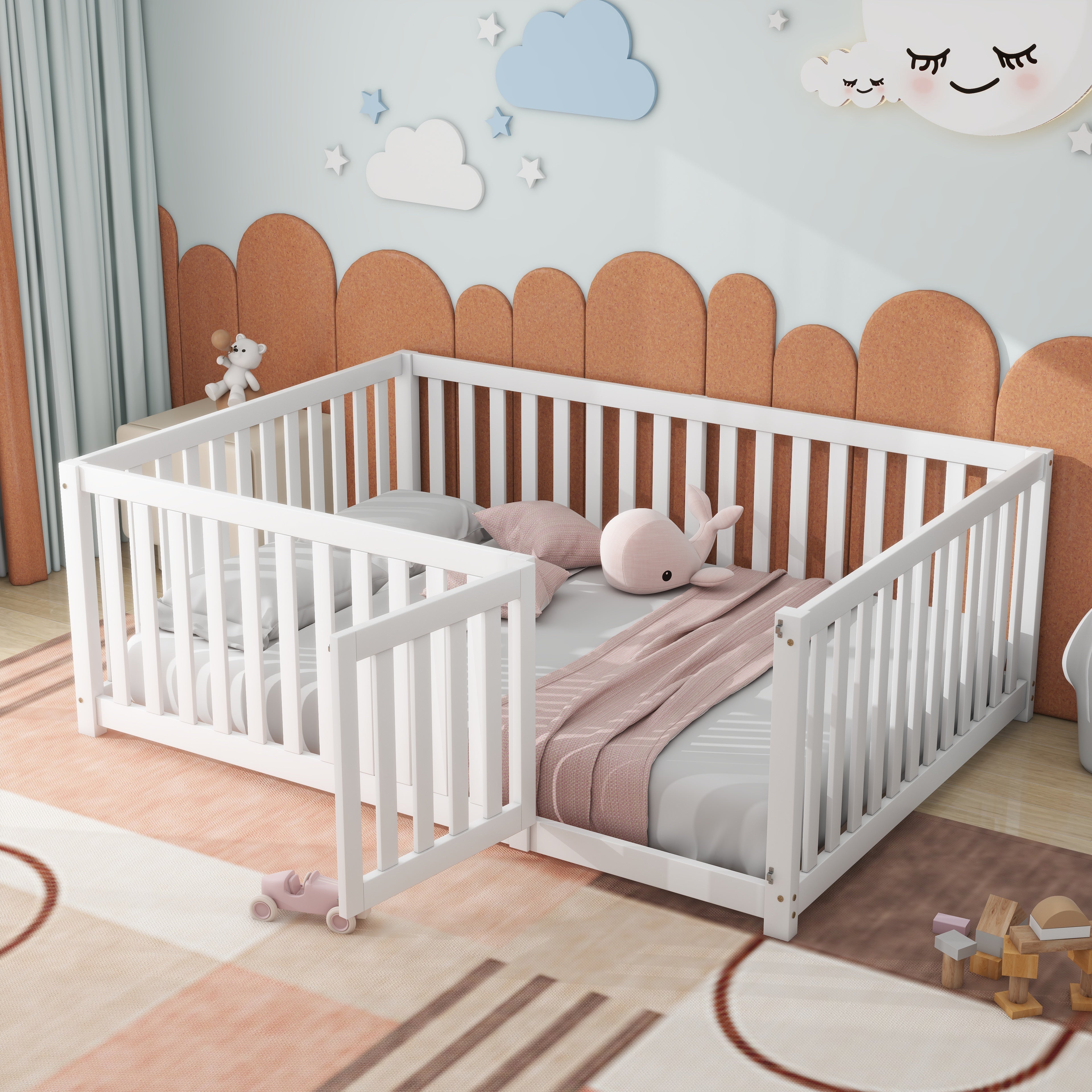 Children's bed 140 x 200, wooden floor bed frame with fence and door, white