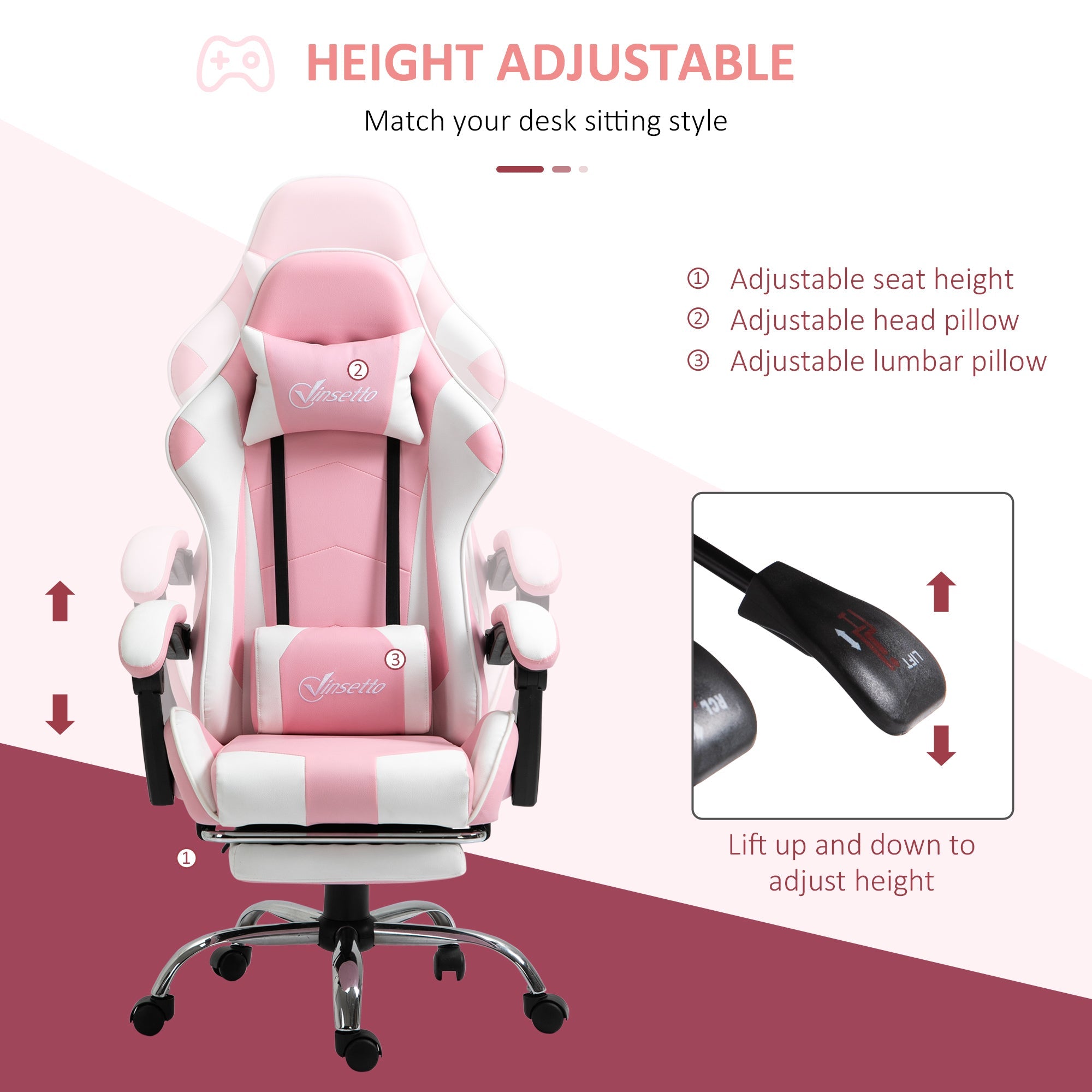 Vinsetto Gaming Computer Chair Ergonomic Office with Headrest Lumbar Cushion Pink+White
