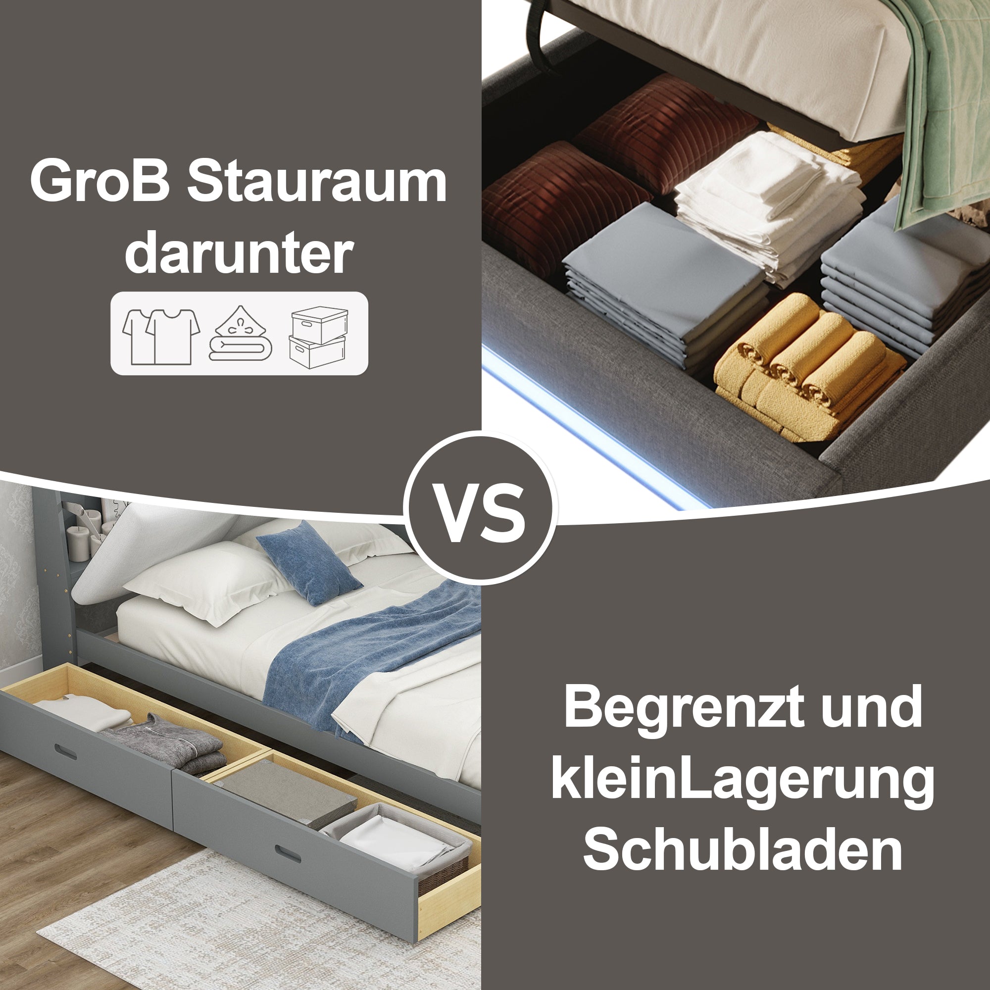 Upholstered Bed 90x200cm Hydraulic Storage with LED & USB/Type-C Ports Grey