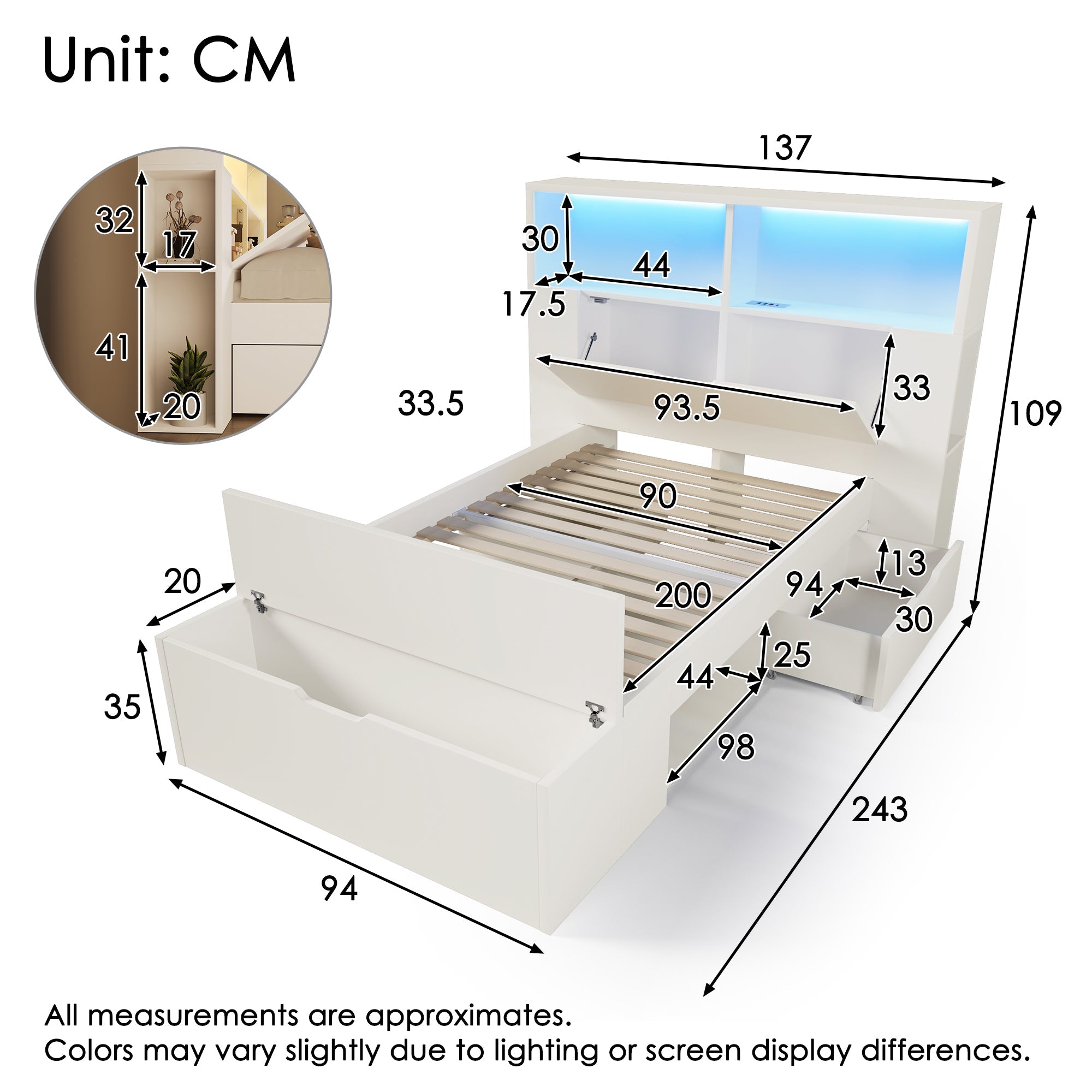 Wooden Single Bed 90x200cm Storage LED USB Drawers Shelves - White Wood