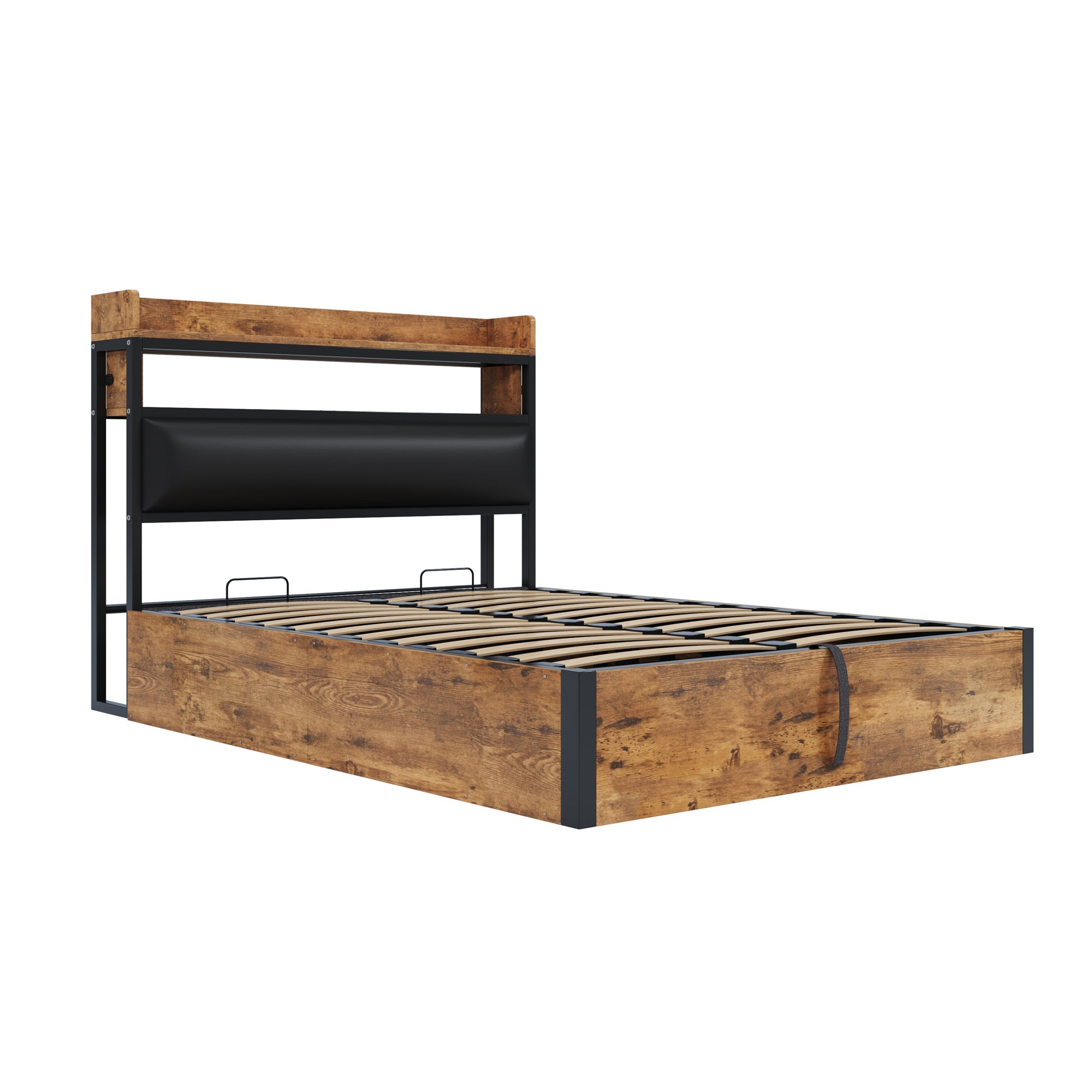 Bed Frame, 140x200, Hydraulic Lift, USB, Upholstered Headboard, Hidden Storage, Wood and Metal, Black