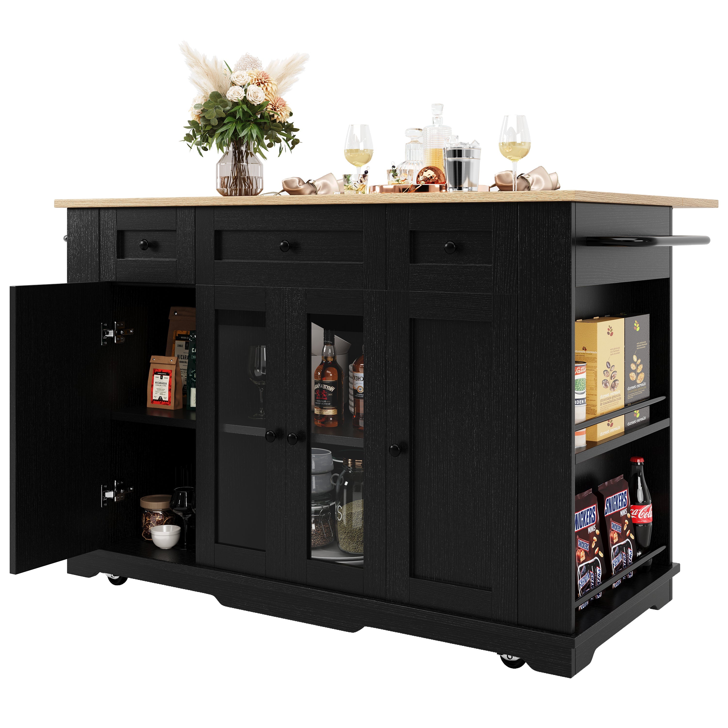 Kitchen Island, 151.5x60x91.7cm Removable Partitions Worktop Tempered Glass Cabinet, White/Black