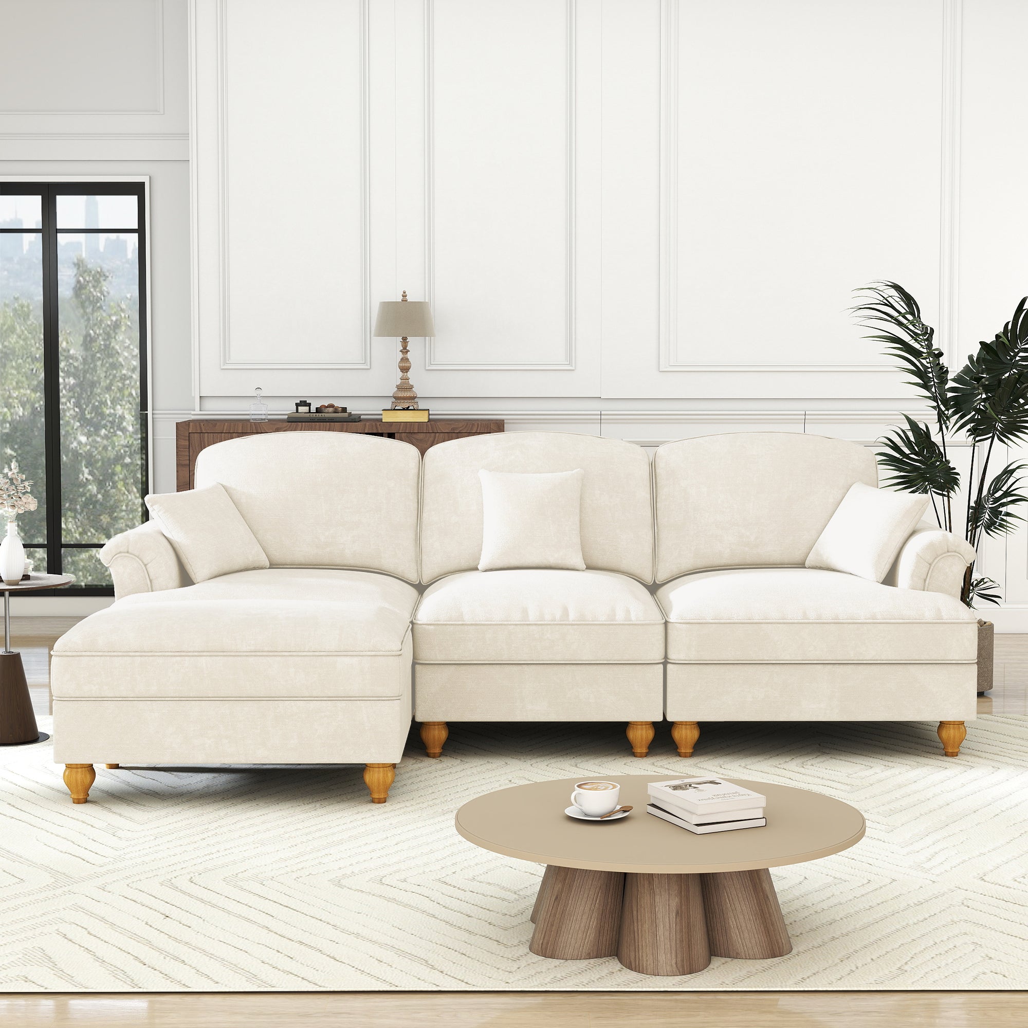 Modular L-Shaped Sofa 3-Seater Mid-Century Ottoman - White Chenille