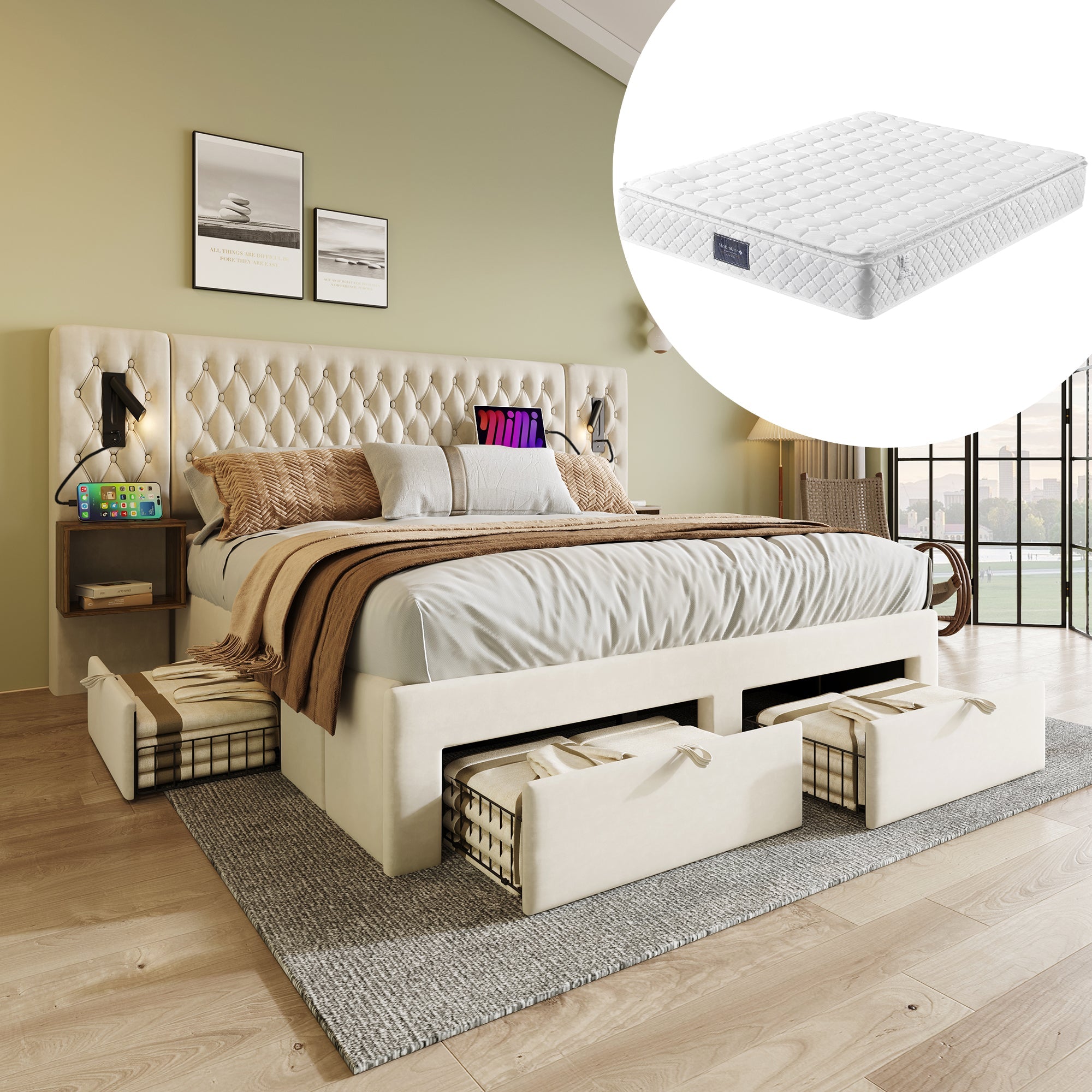 Bedroom Set, Upholstered Double Bed 160x200cm, 2 Nightstands, 4 Drawers, Headboard Reading Light with USB, Beige Velvet