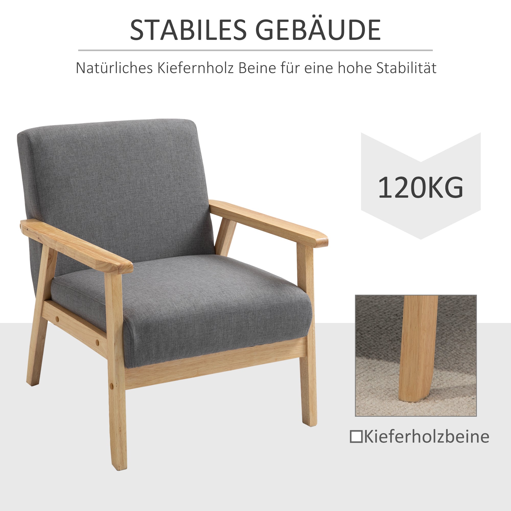 Wingback chair with armrests, upholstered, grey linen look