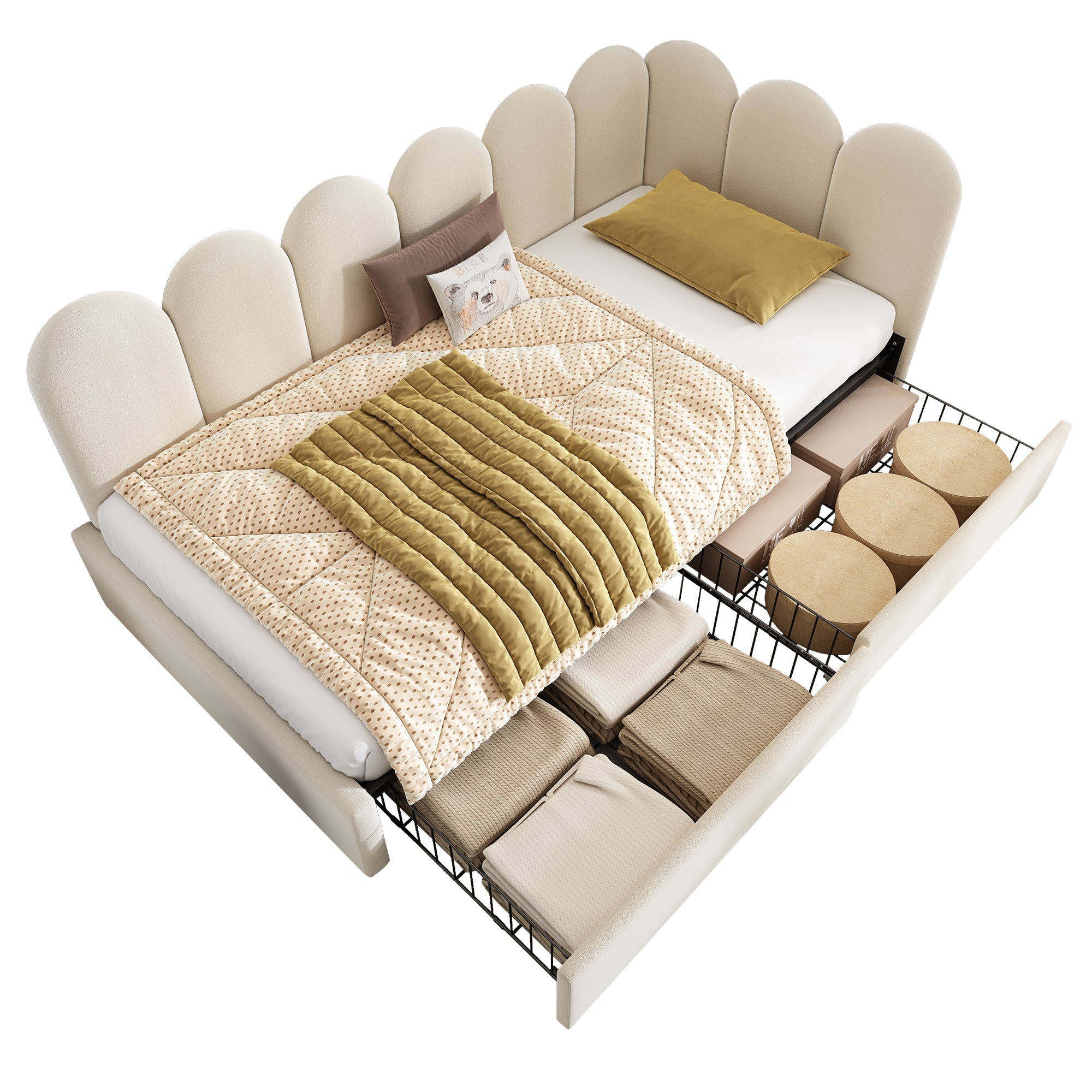 Upholstered single bed with drawers, storage bed in velvet, daybed / sofa bed, 90 × 190 cm, with slatted base, suitable for teenagers and adults, children’s bed, beige (mattress not included)